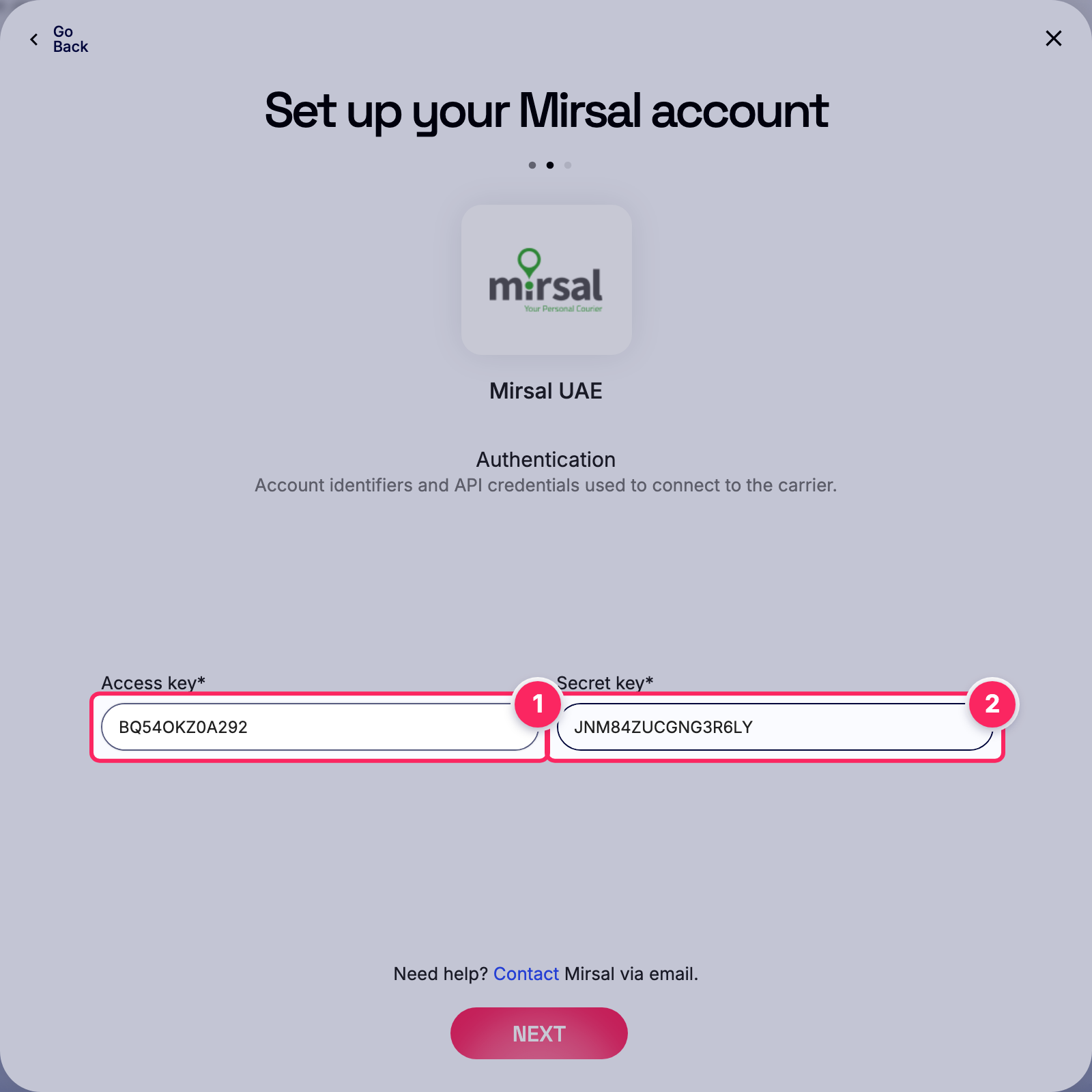 Fill in the Mirsal account details.