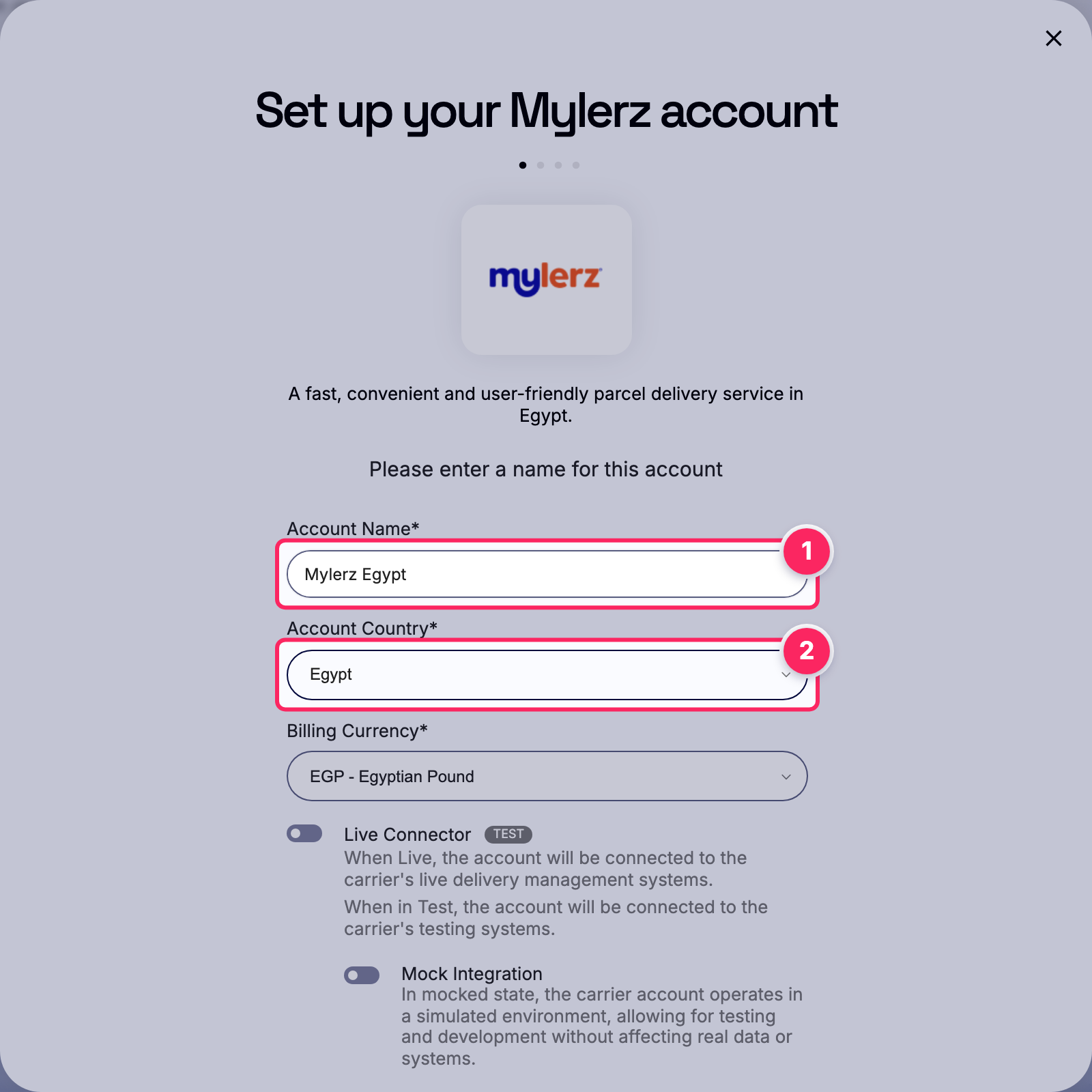Fill in the account name and country.