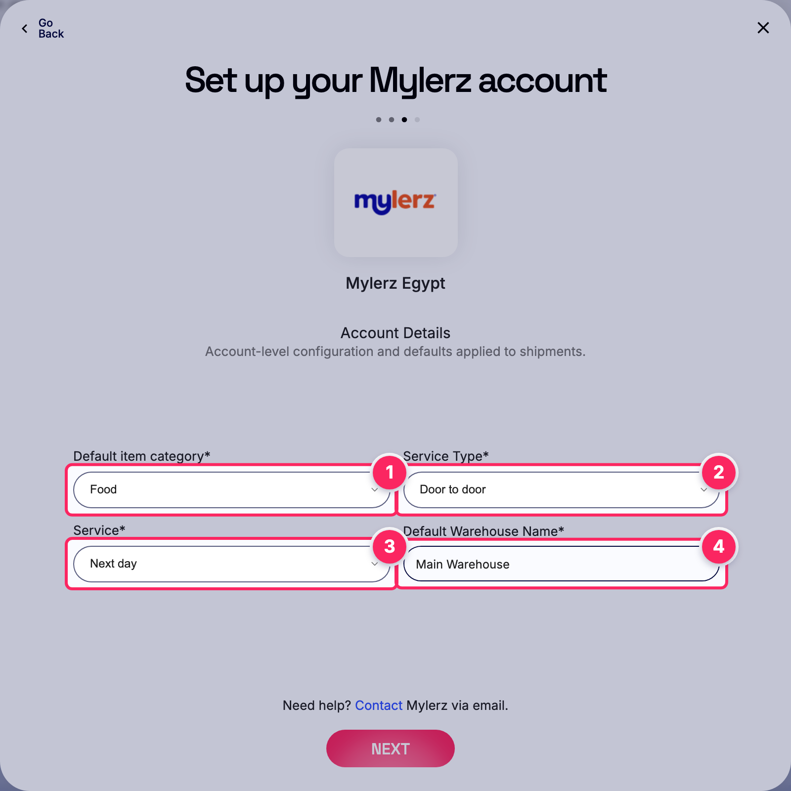 Fill in the Mylerz account details.
