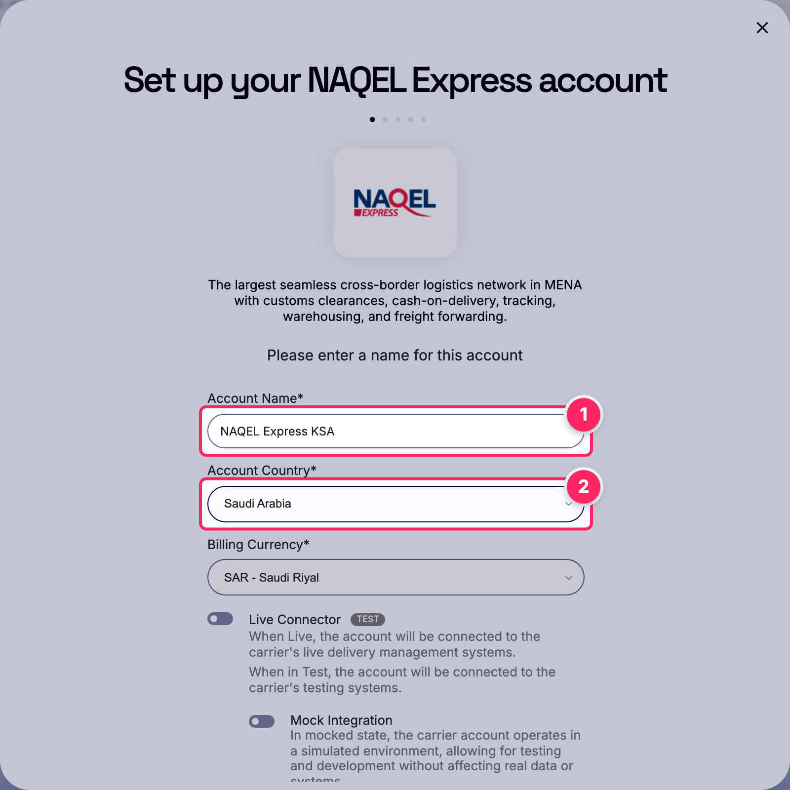 Fill in the account name and country.