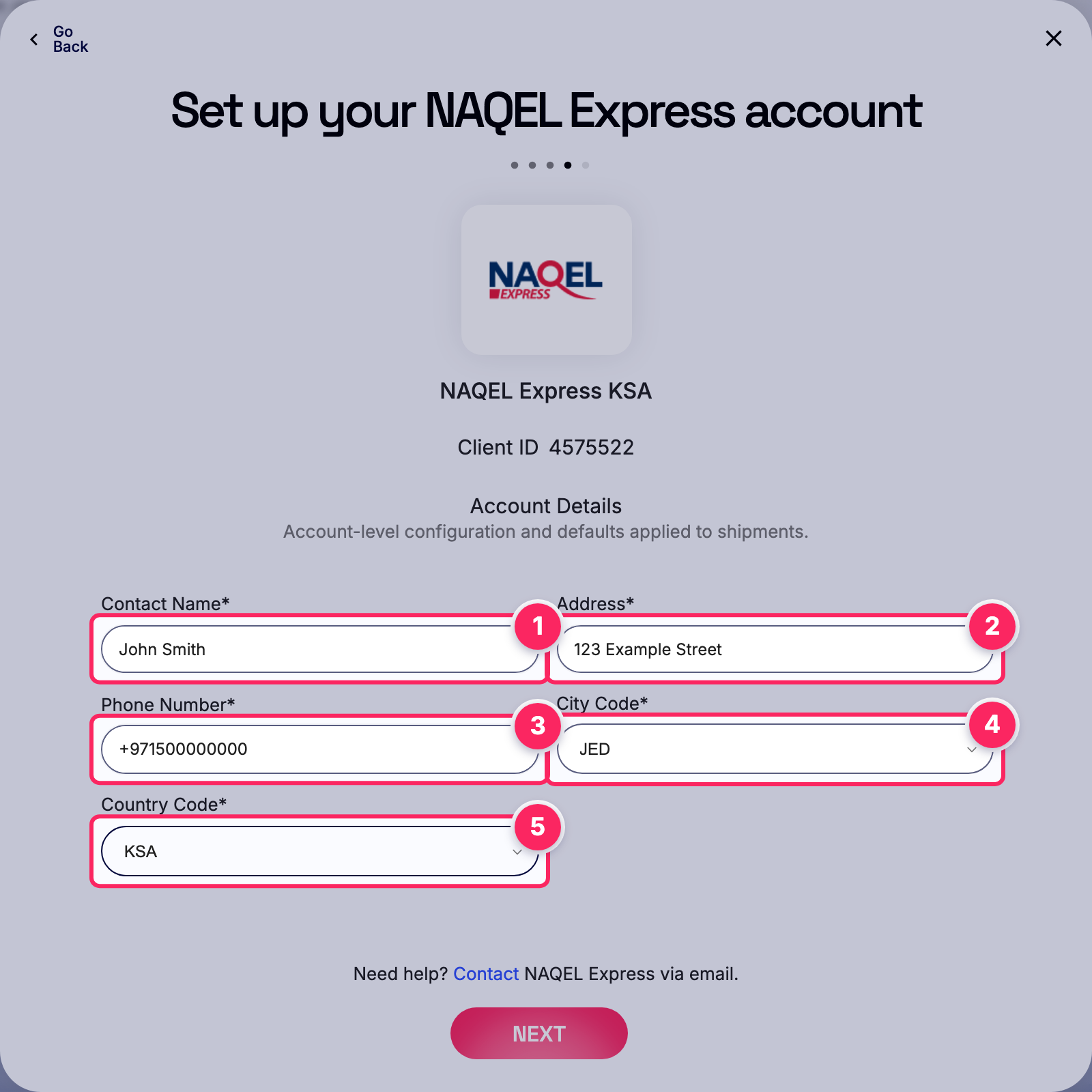 Fill in the NAQEL Express account details.