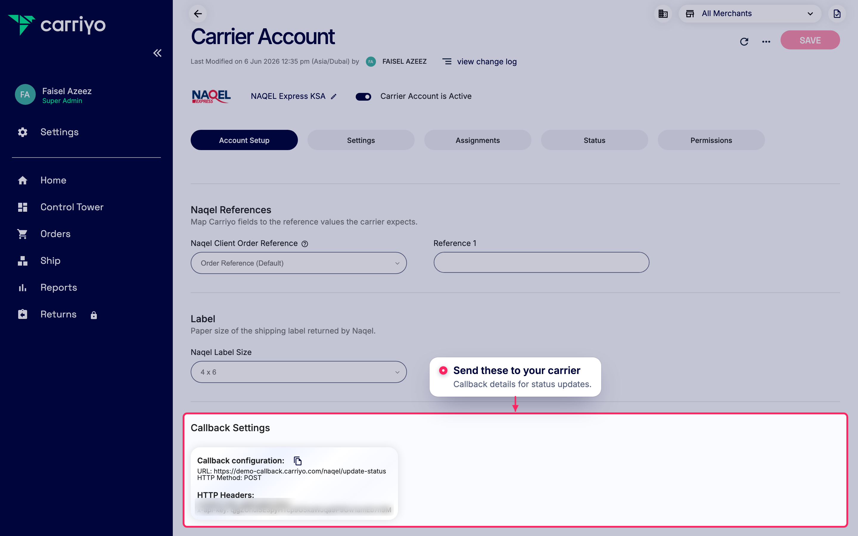 Share callback settings with your carrier