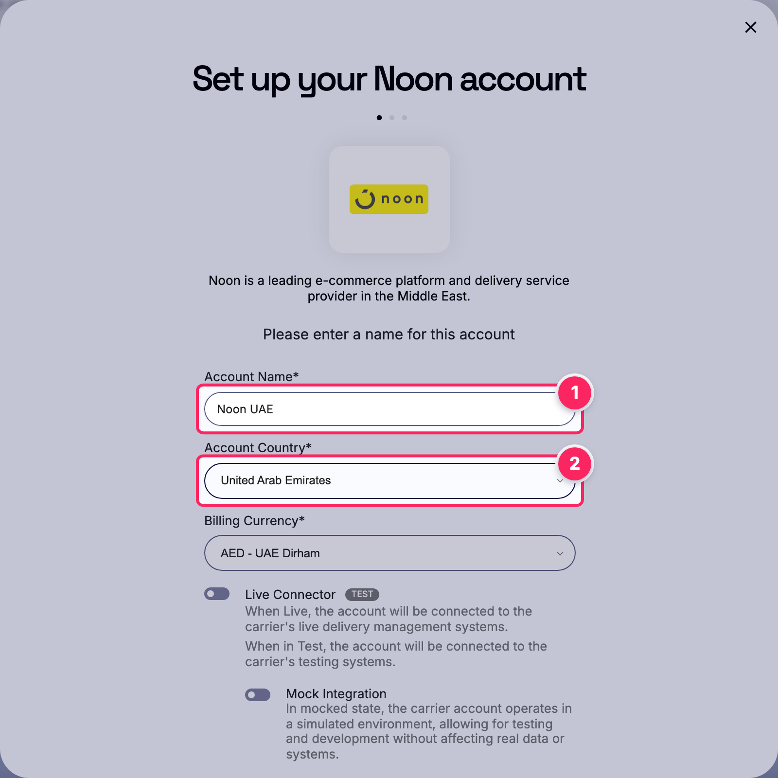 Fill in the account name and country.