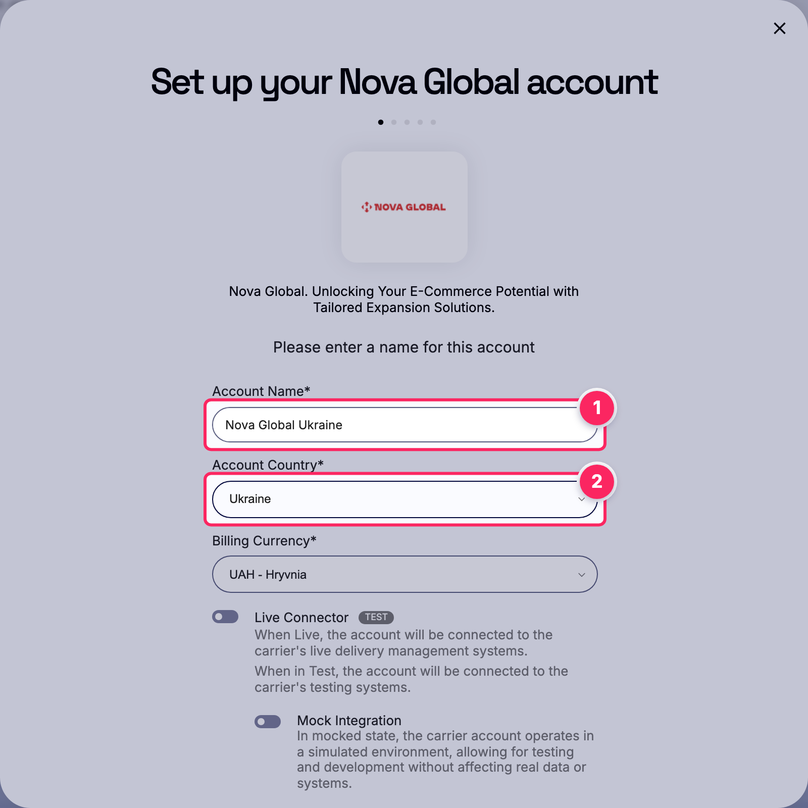 Fill in the account name and country.