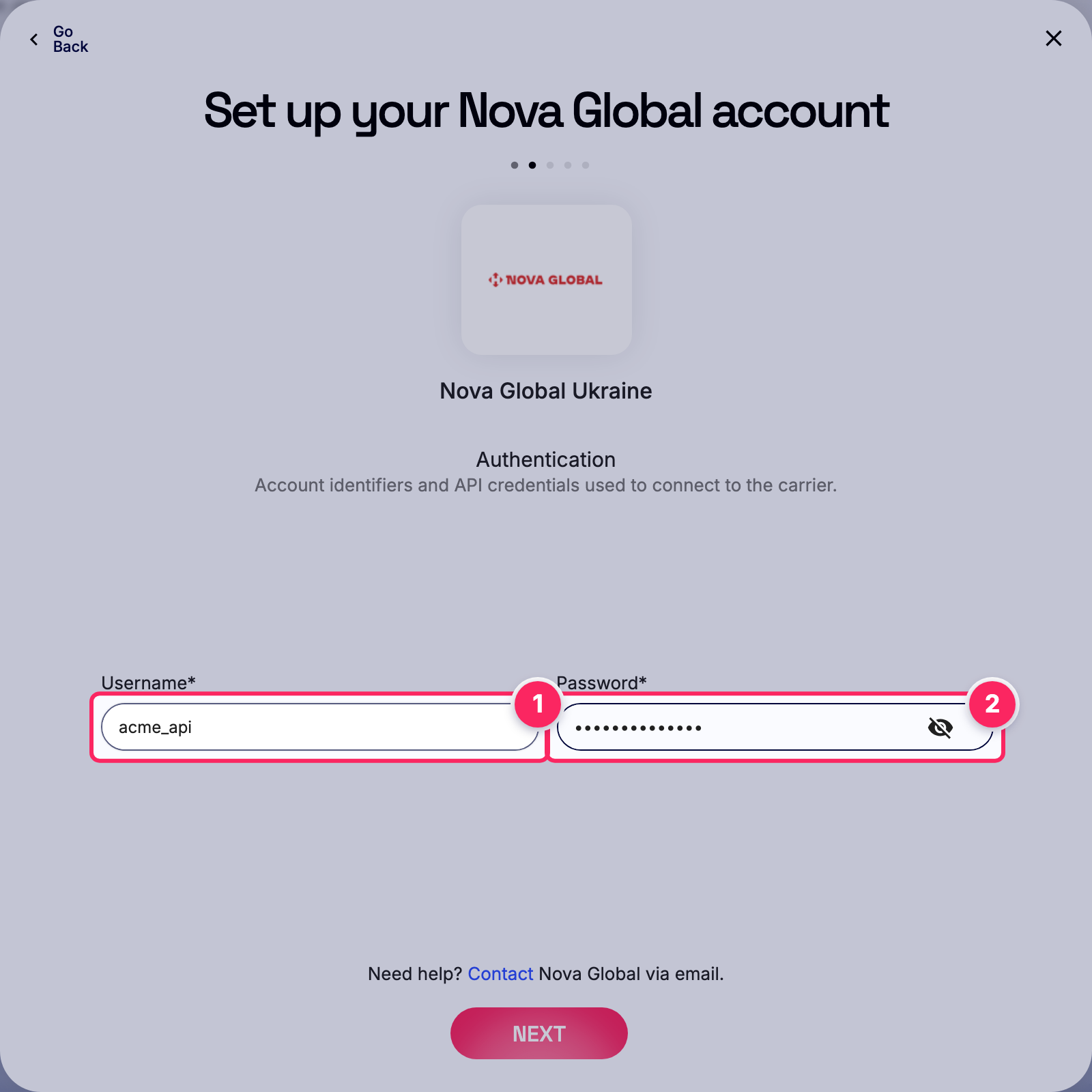 Fill in the Nova Global account details.