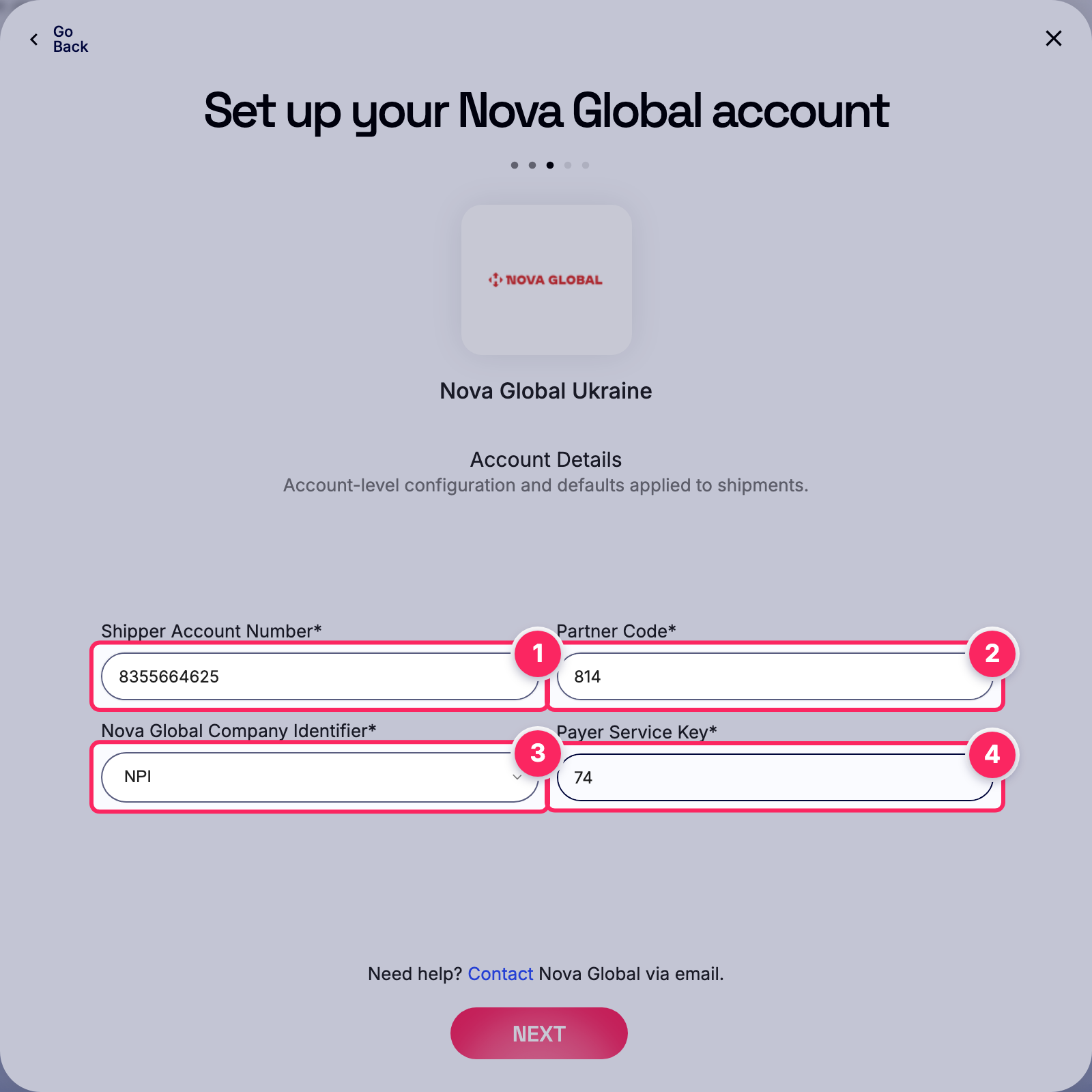 Fill in the Nova Global account details.