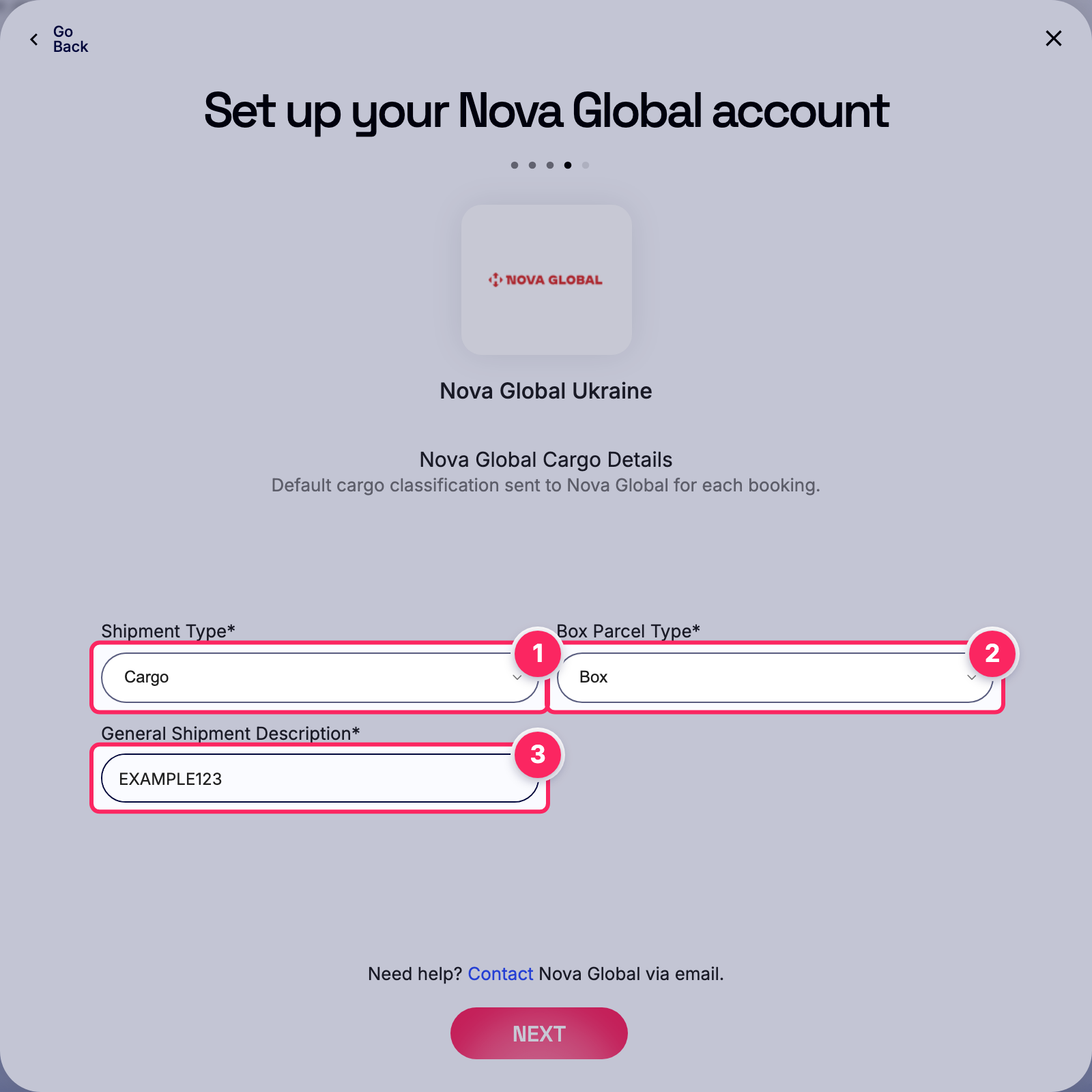 Fill in the Nova Global account details.