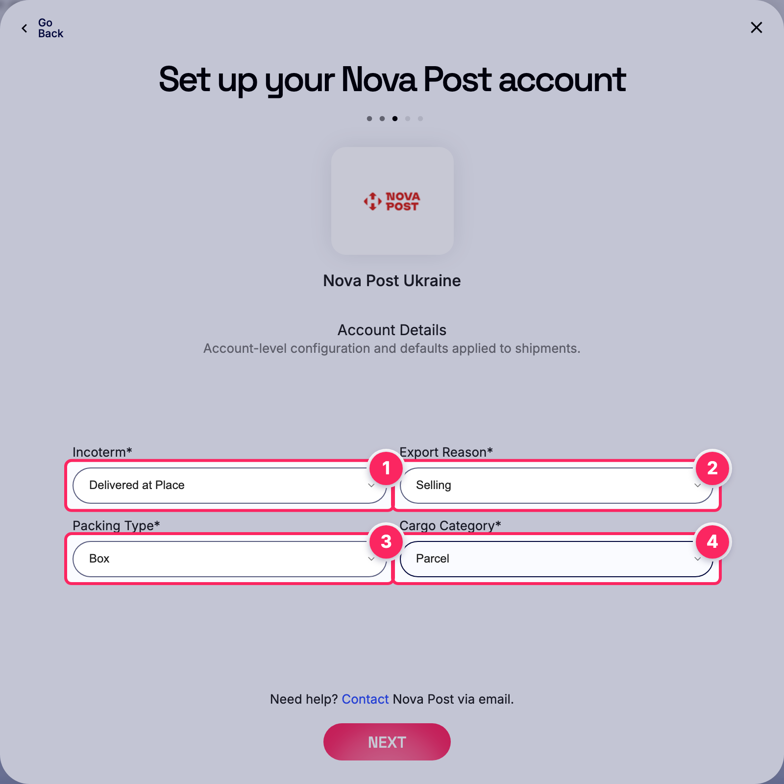 Fill in the Nova Post account details.