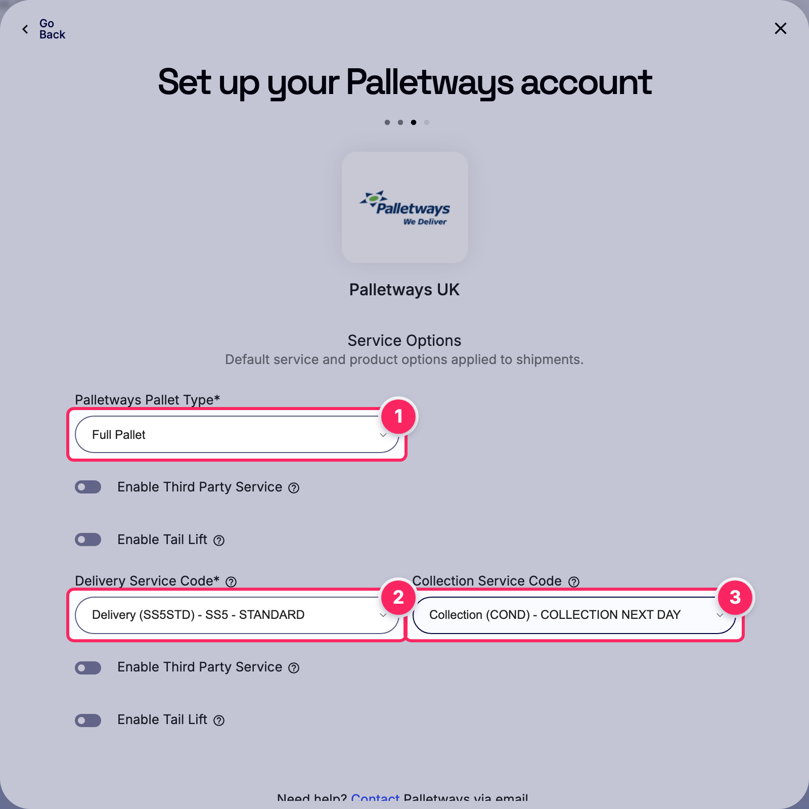 Fill in the Palletways account details.