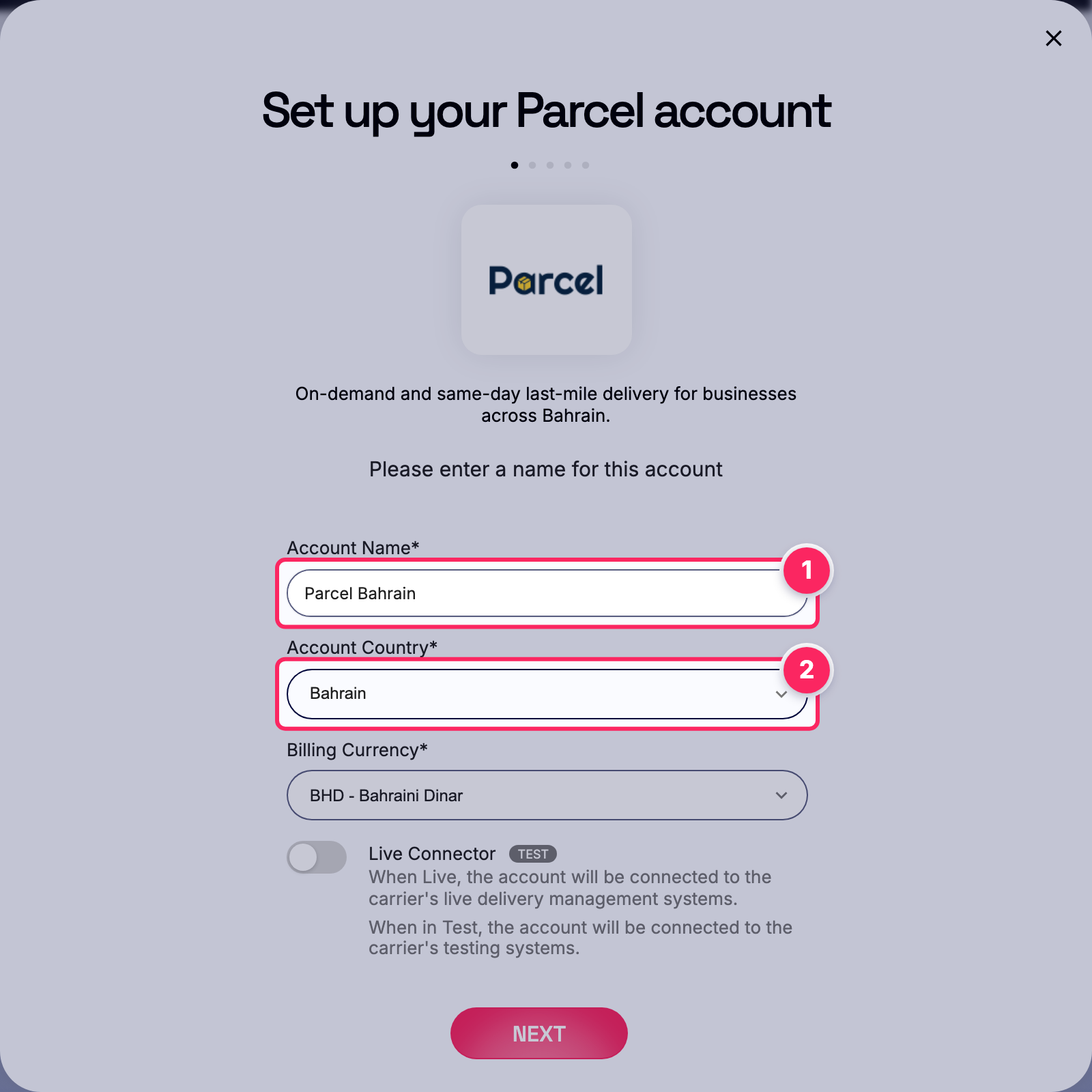 Fill in the account name and country.
