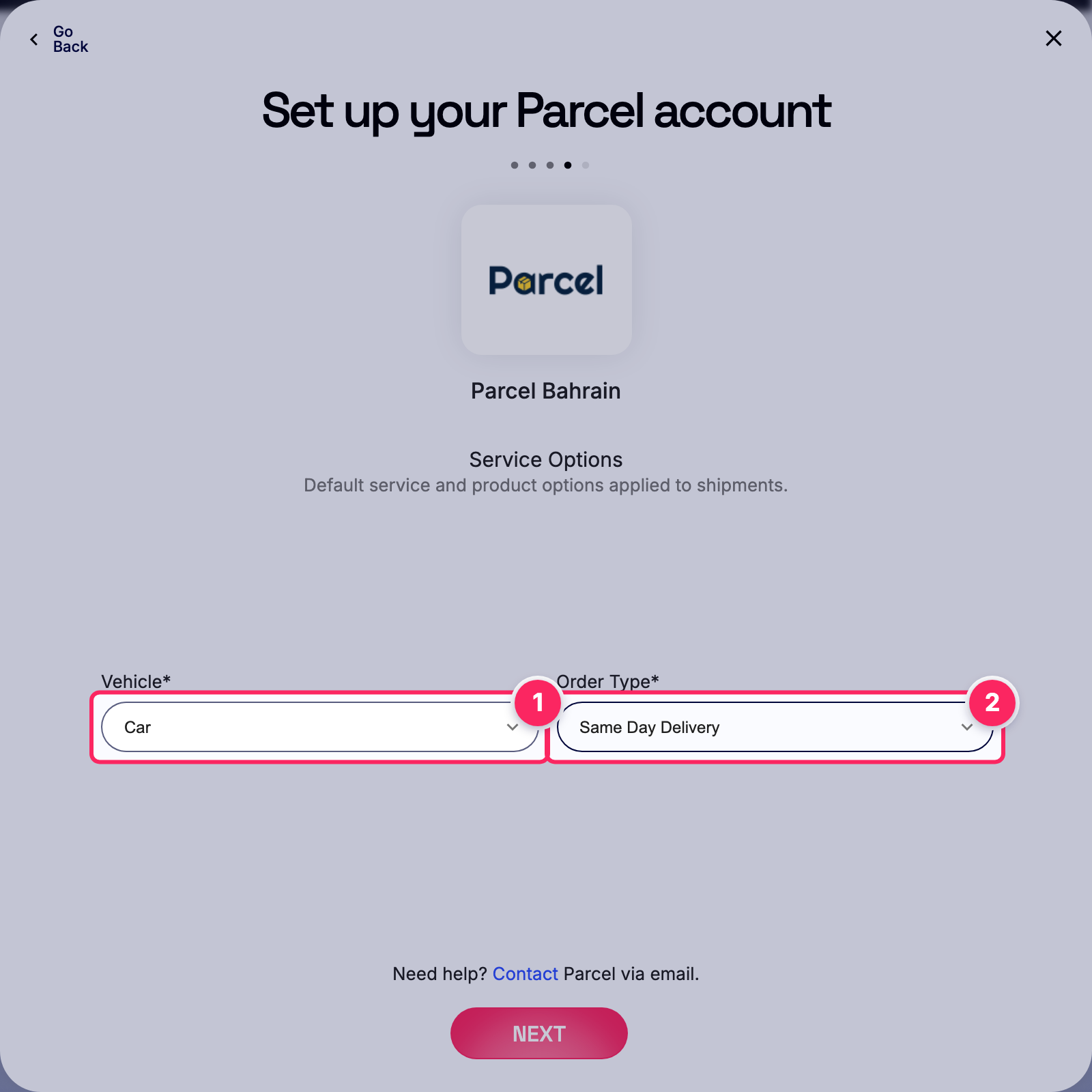 Fill in the Parcel account details.