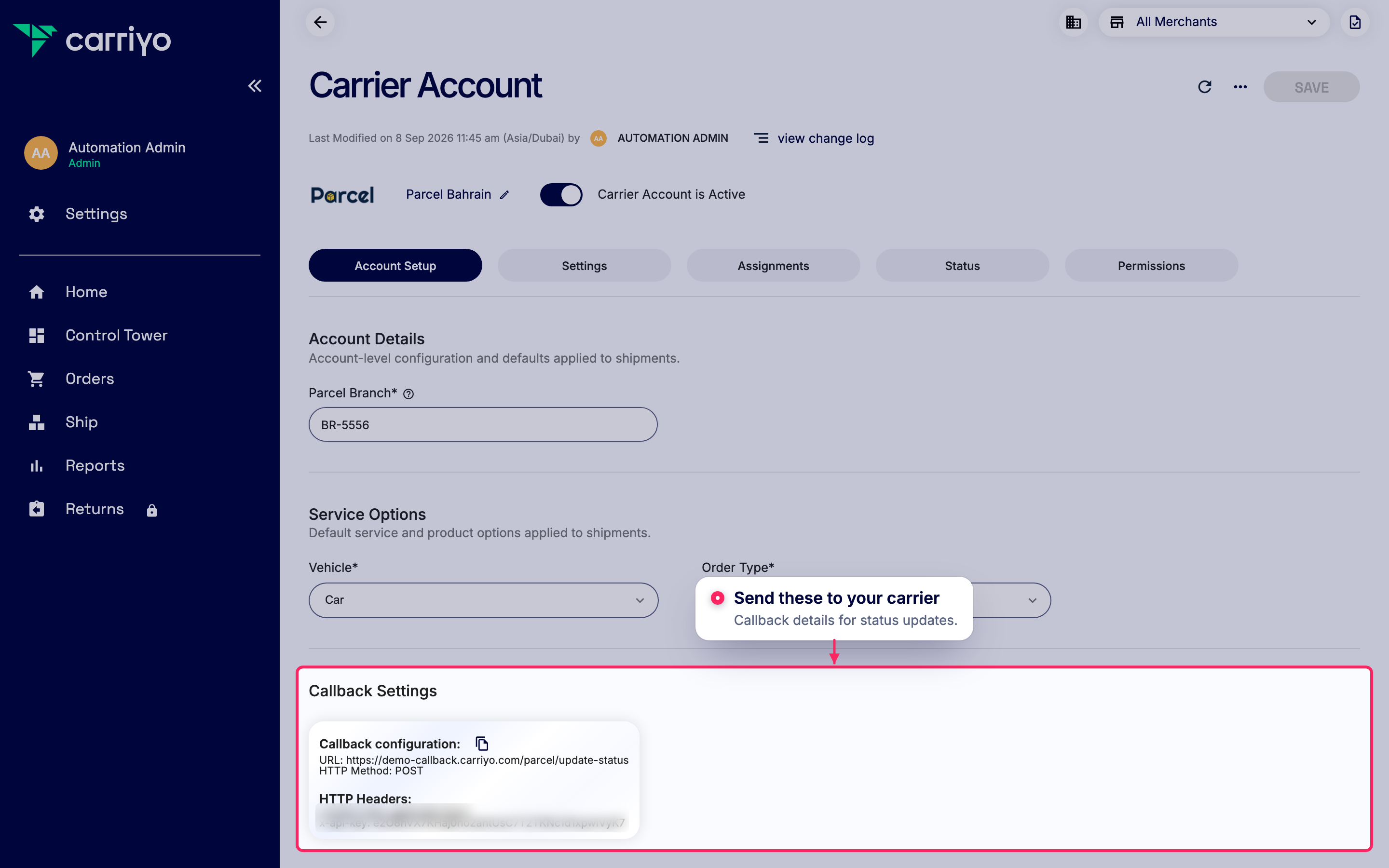 Share callback settings with your carrier