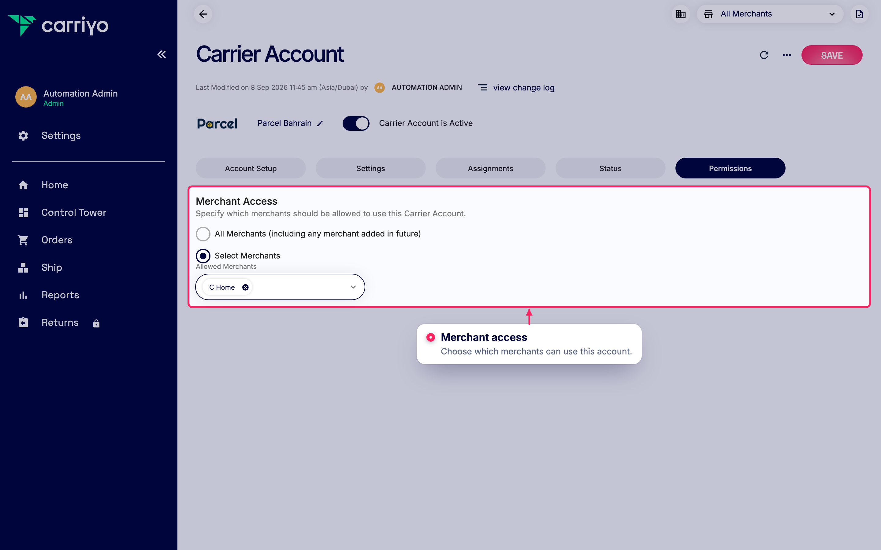 Add merchants to this carrier account