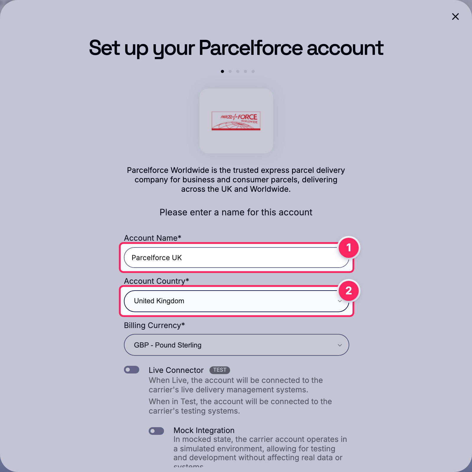 Fill in the account name and country.