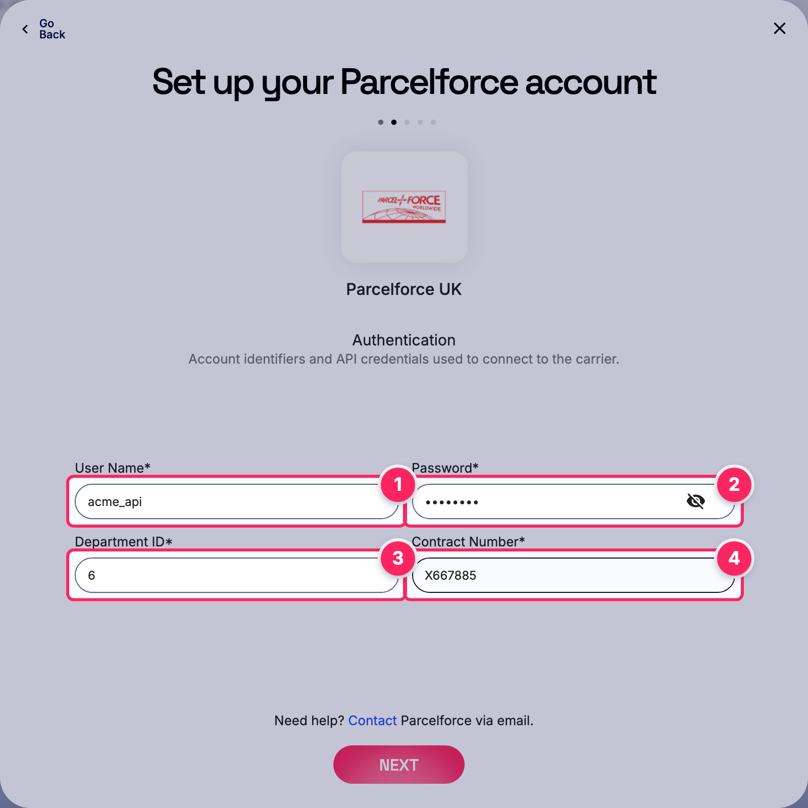 Fill in the Parcelforce account details.
