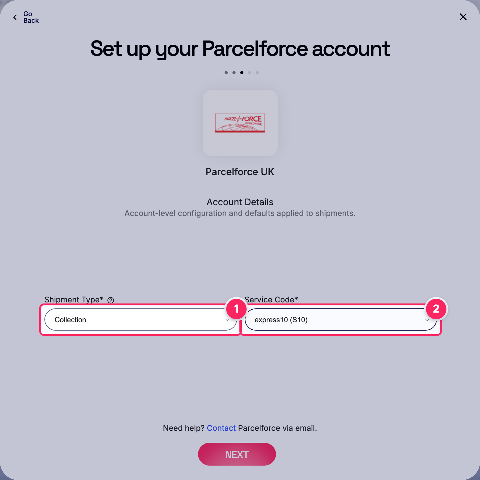 Fill in the Parcelforce account details.
