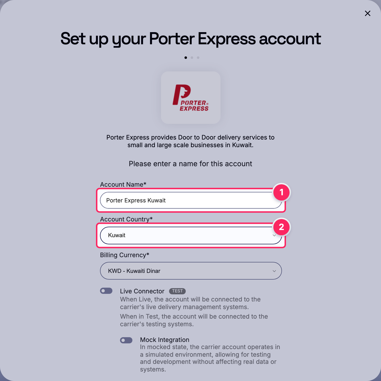 Fill in the account name and country.