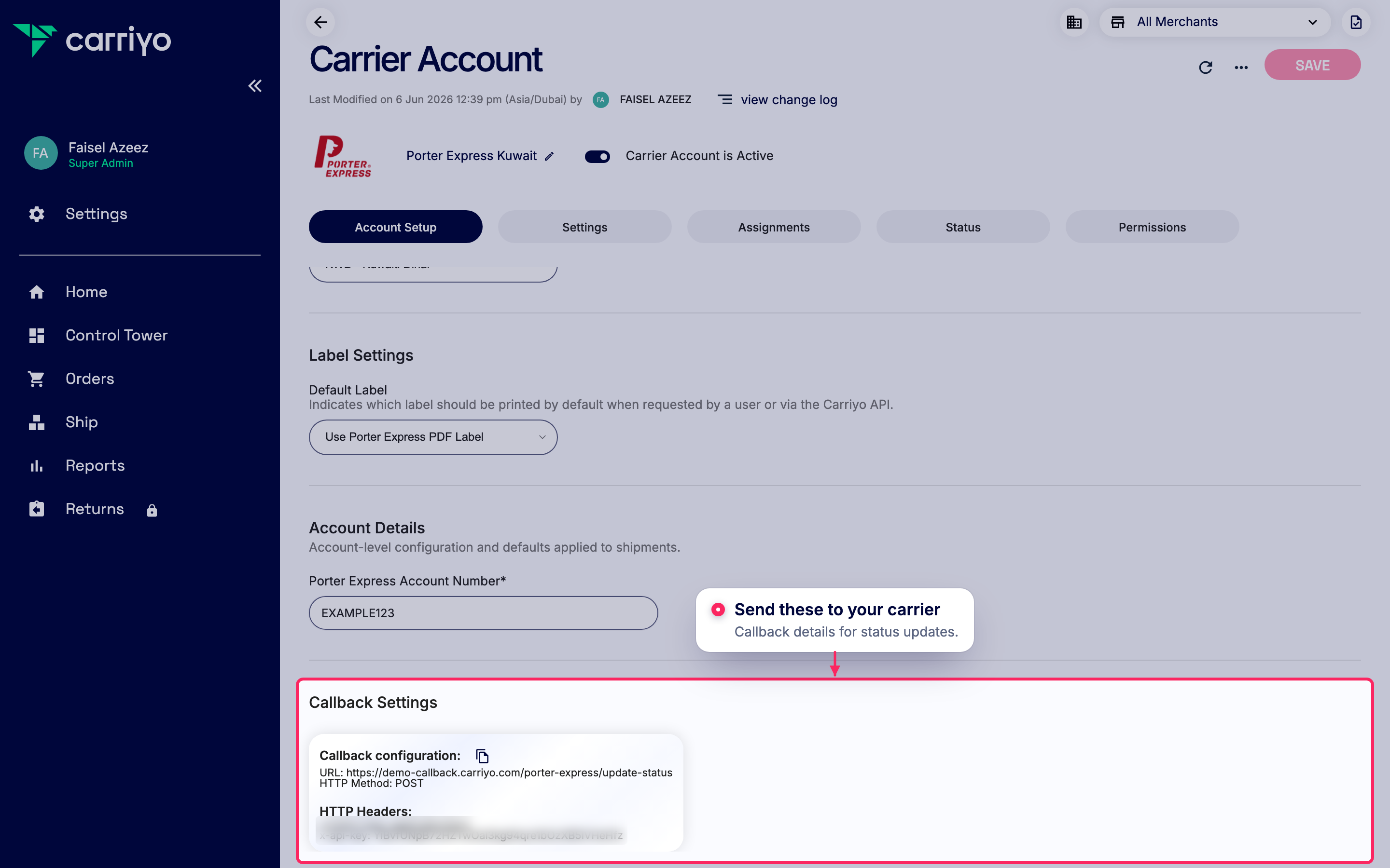 Share callback settings with your carrier