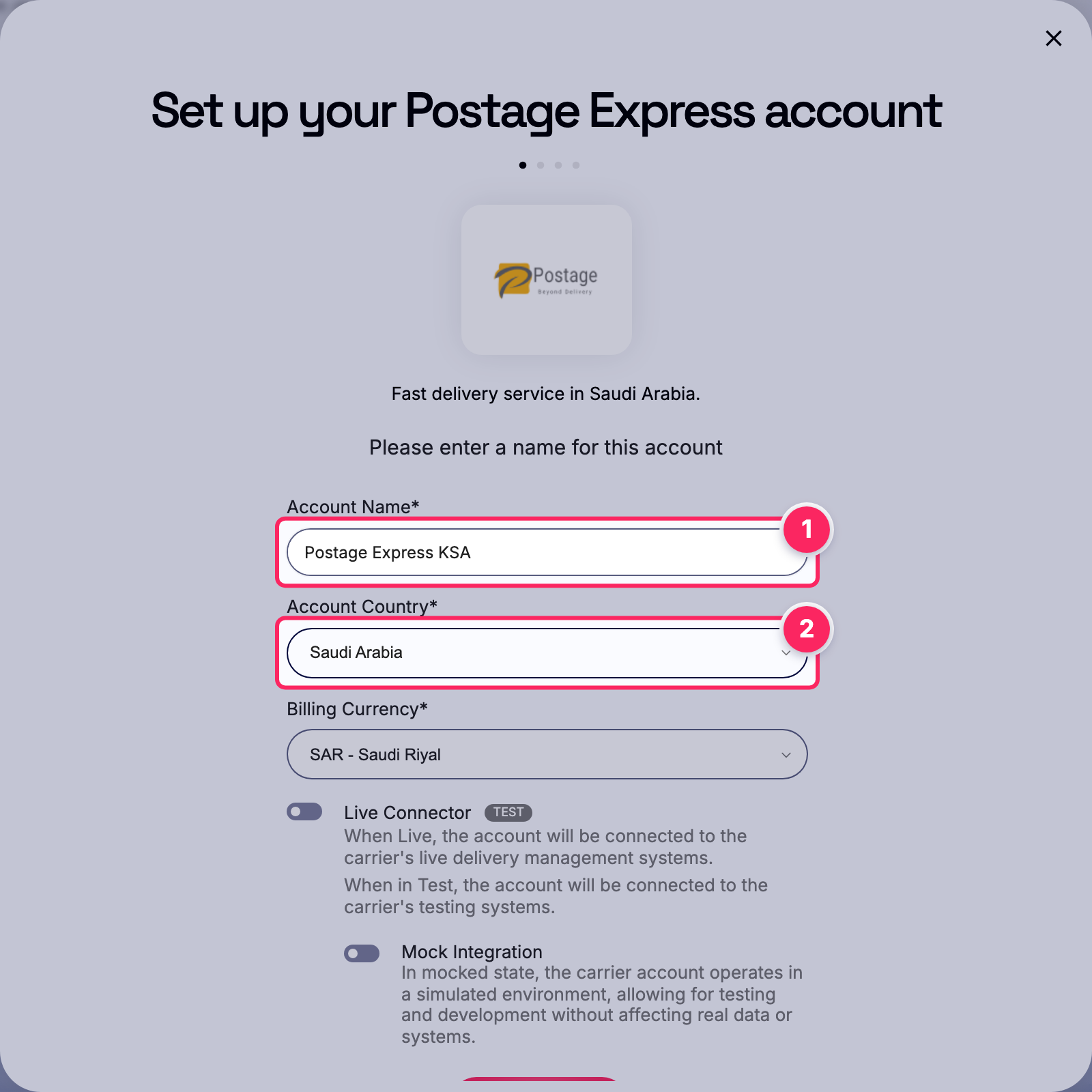 Fill in the account name and country.