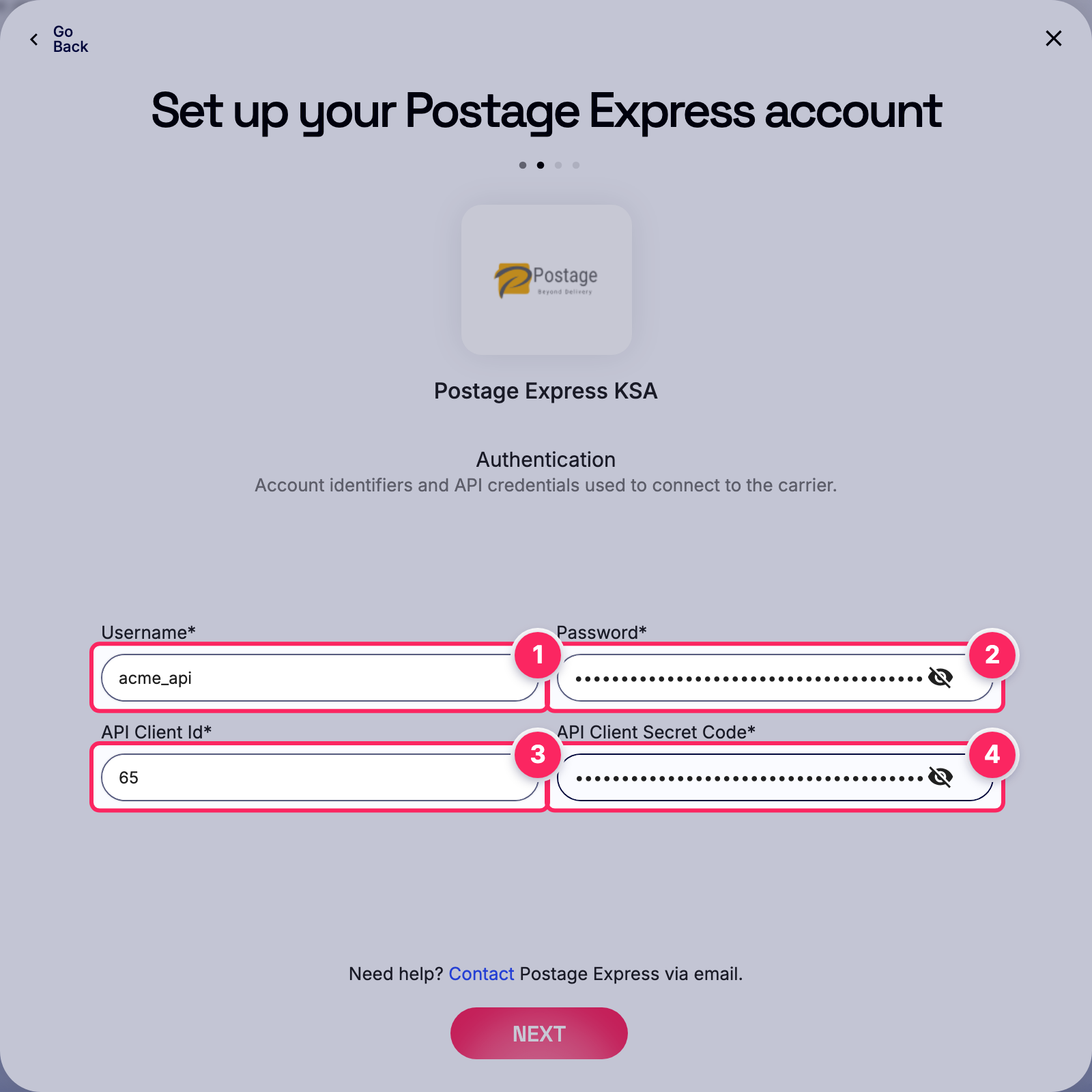 Fill in the Postage Express account details.