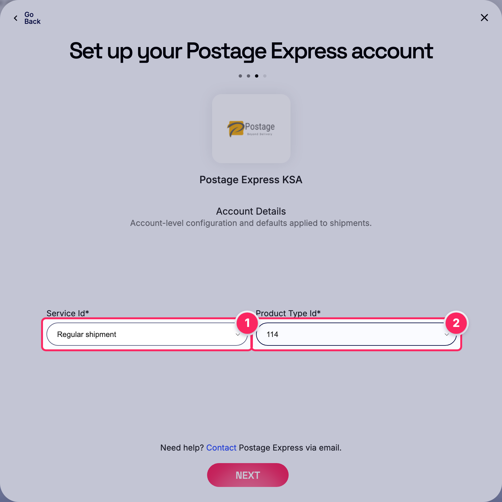 Fill in the Postage Express account details.