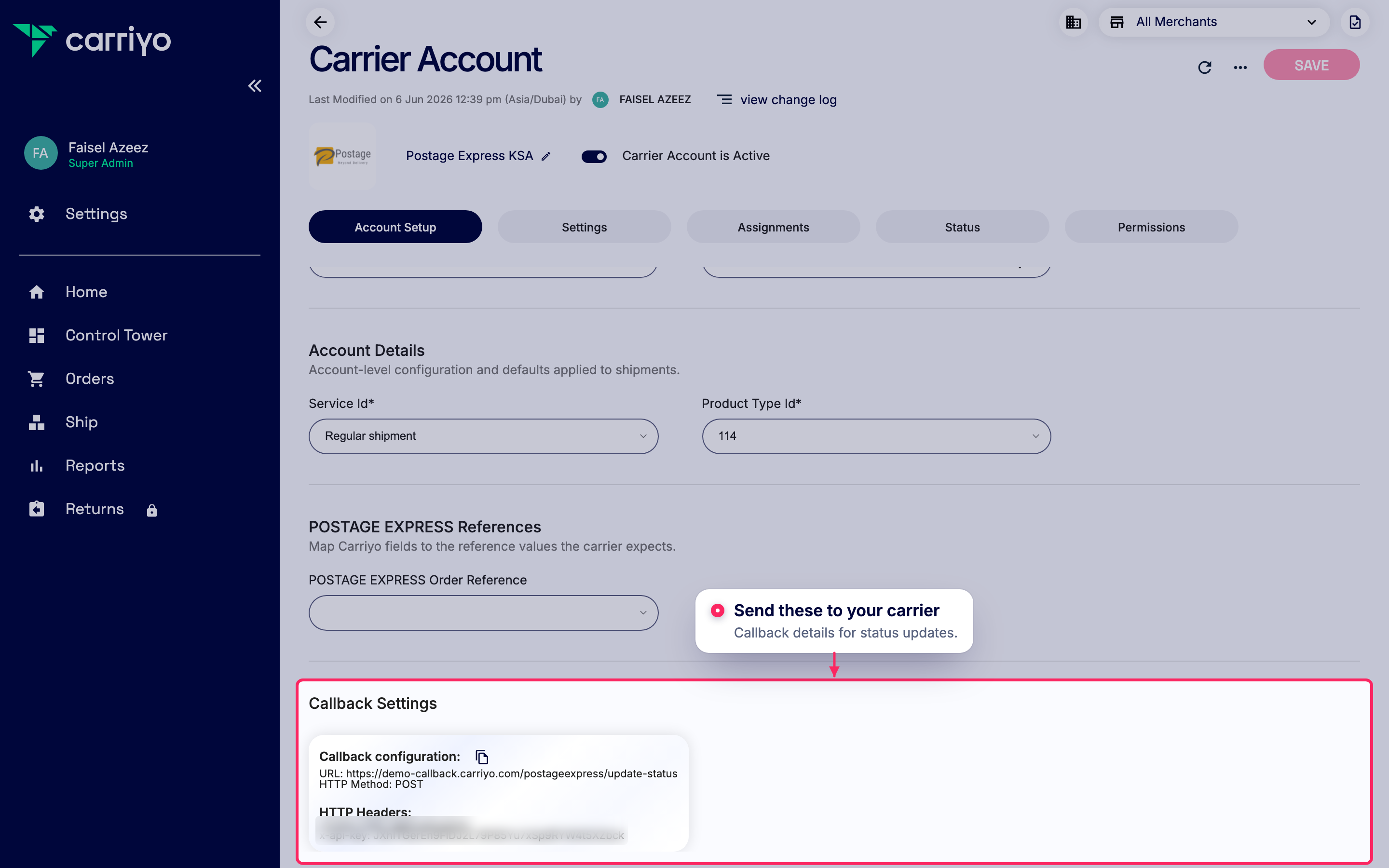 Share callback settings with your carrier