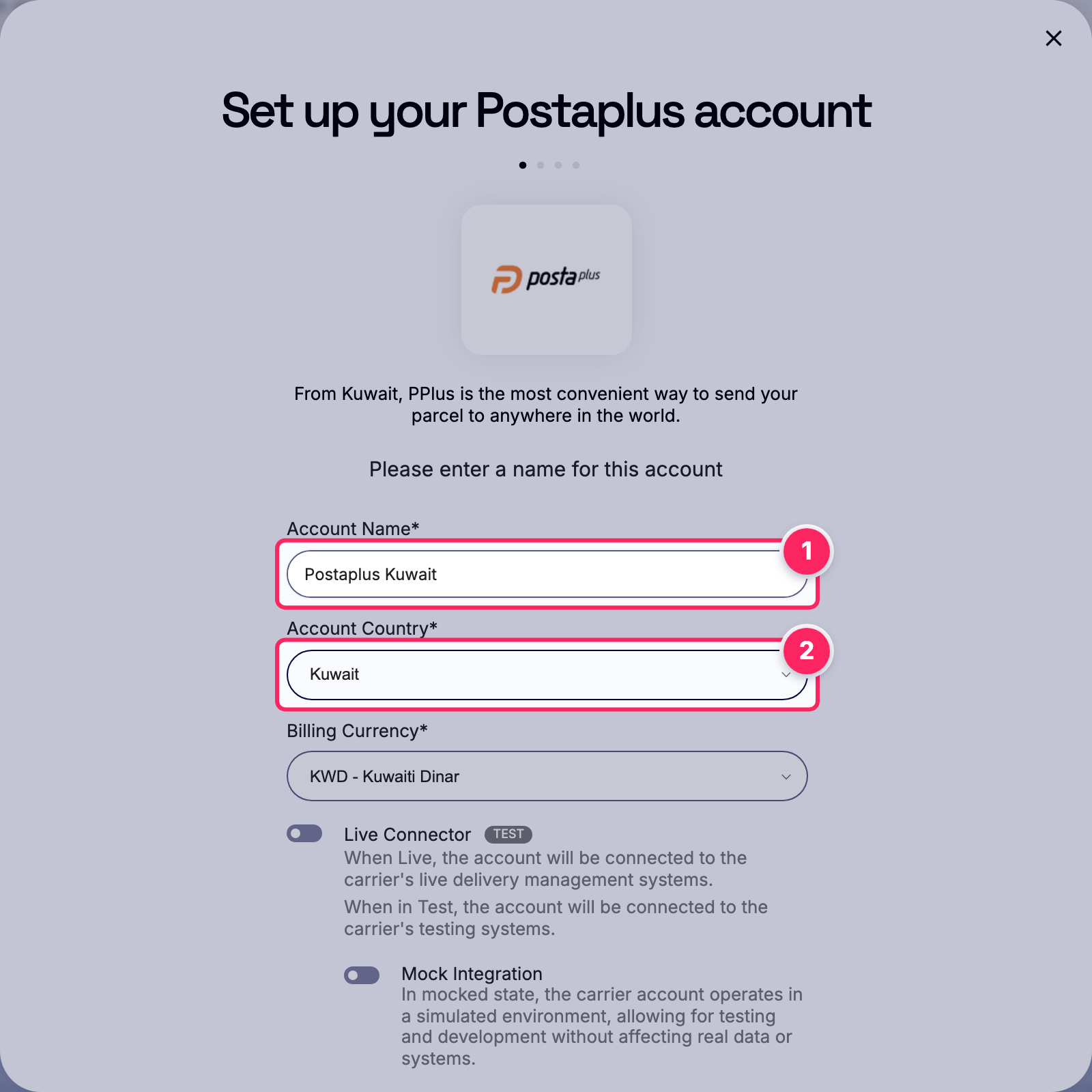 Fill in the account name and country.