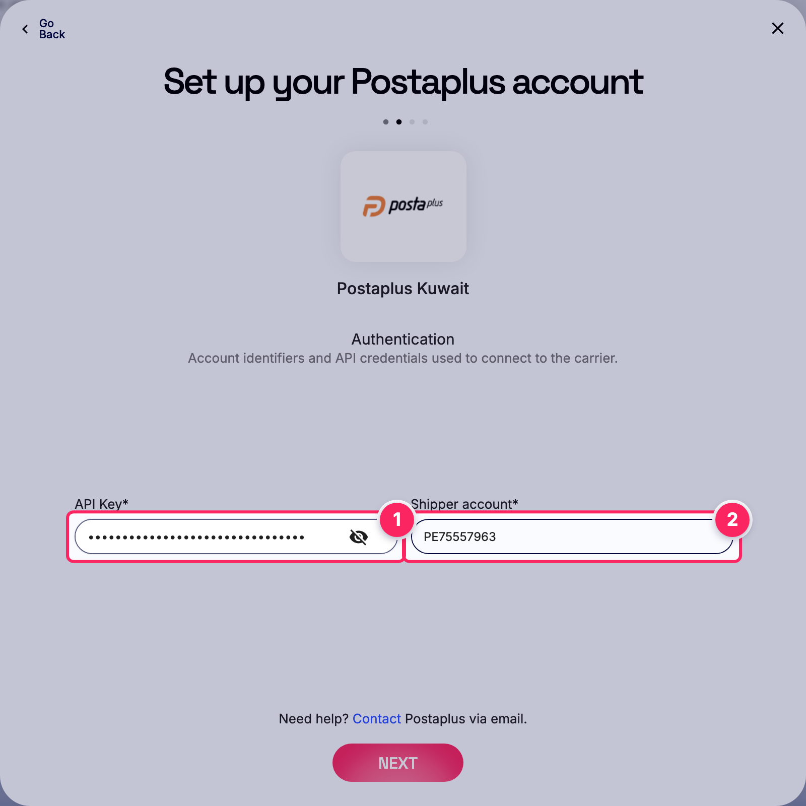 Fill in the Postaplus account details.