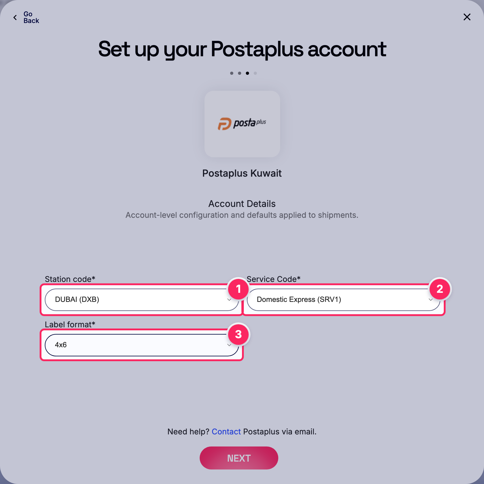 Fill in the Postaplus account details.