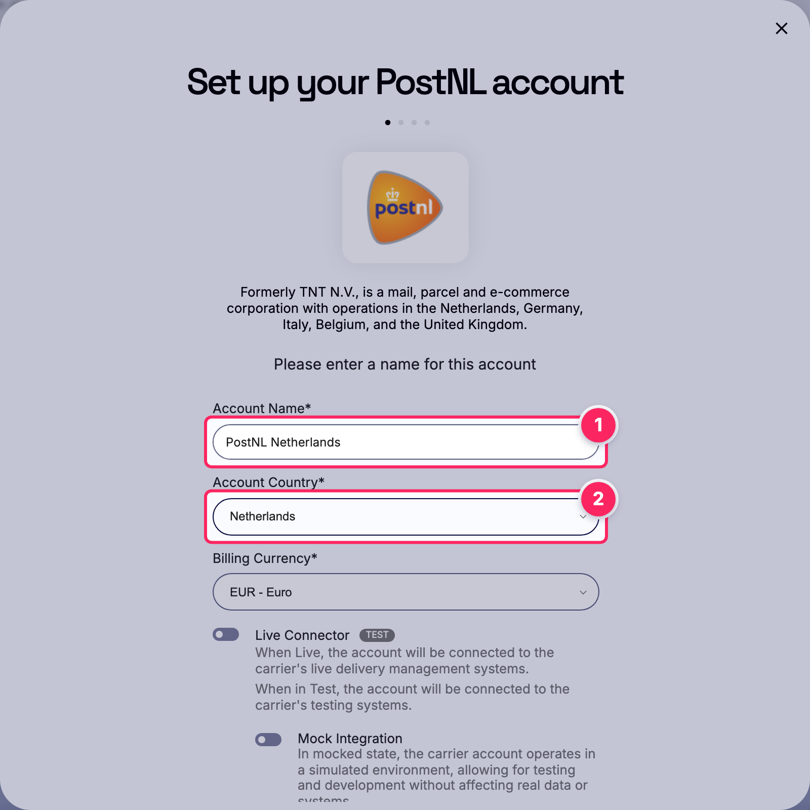 Fill in the account name and country.