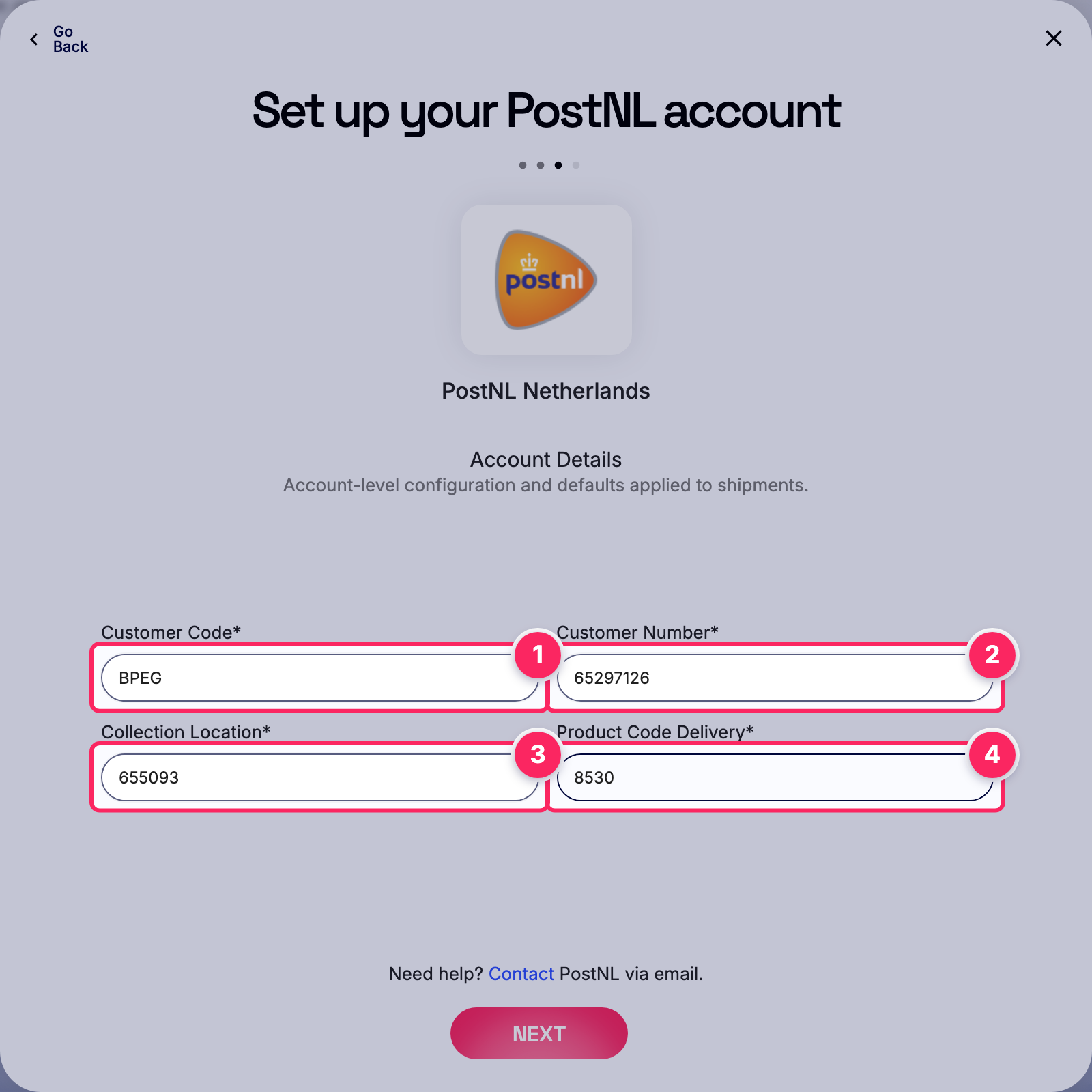 Fill in the PostNL account details.