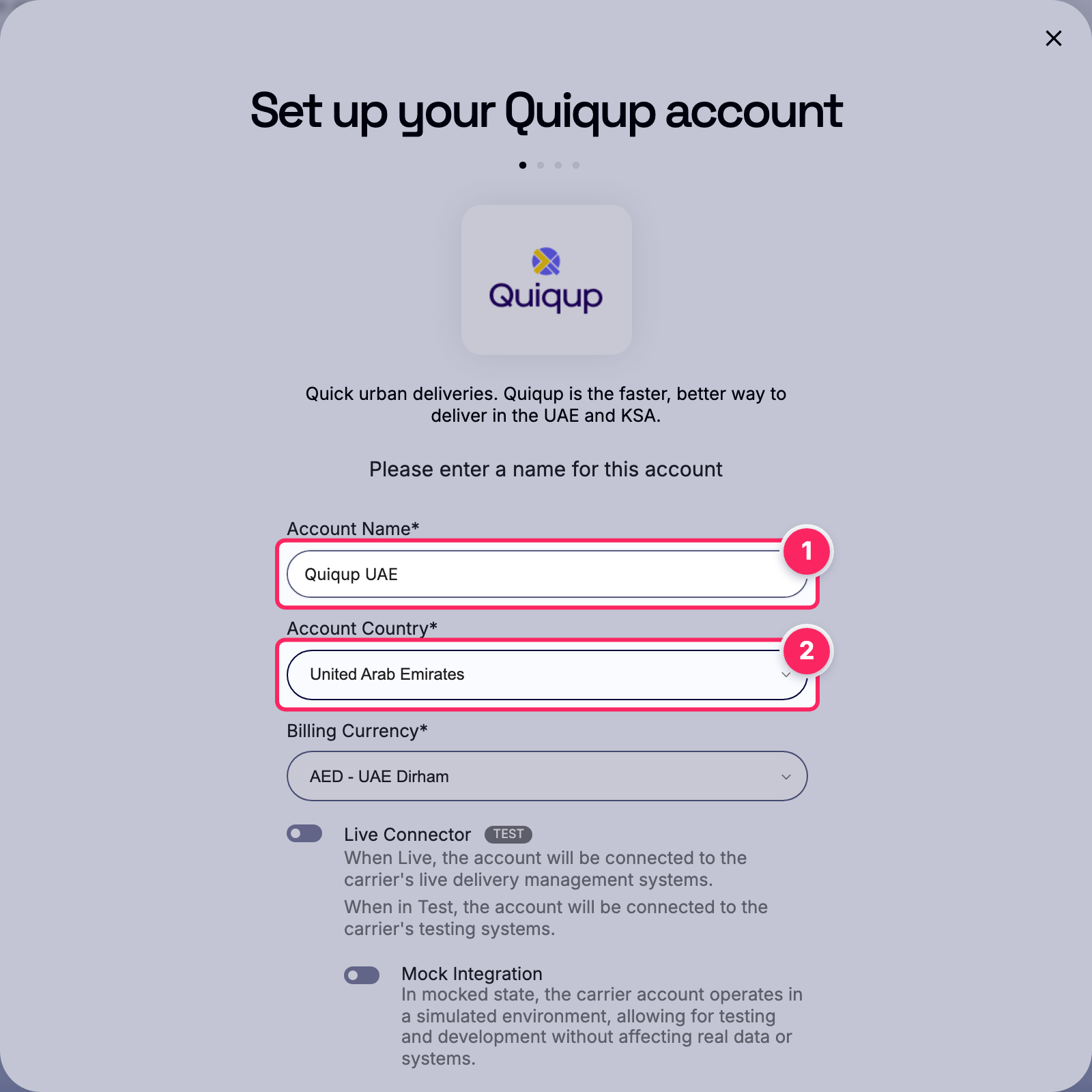 Fill in the account name and country.