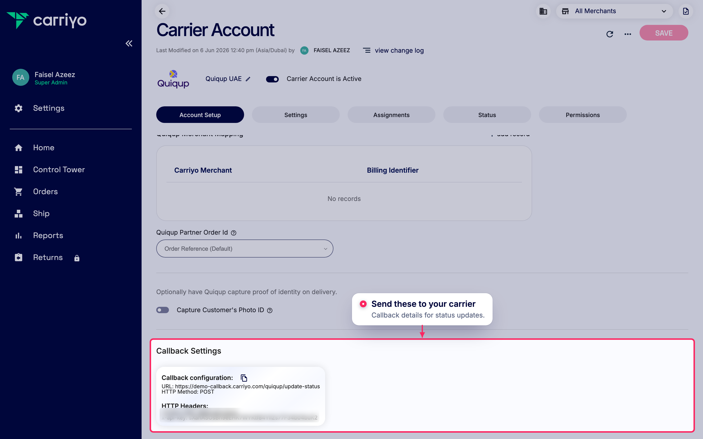 Share callback settings with your carrier
