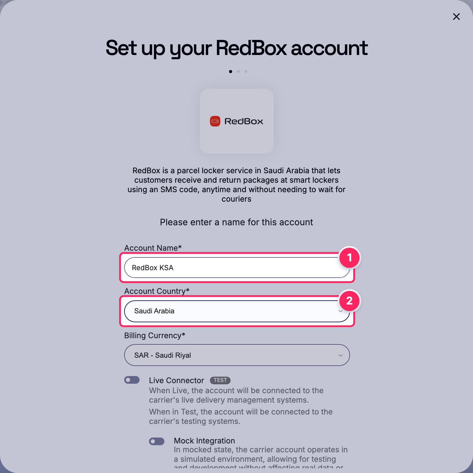 Fill in the account name and country.