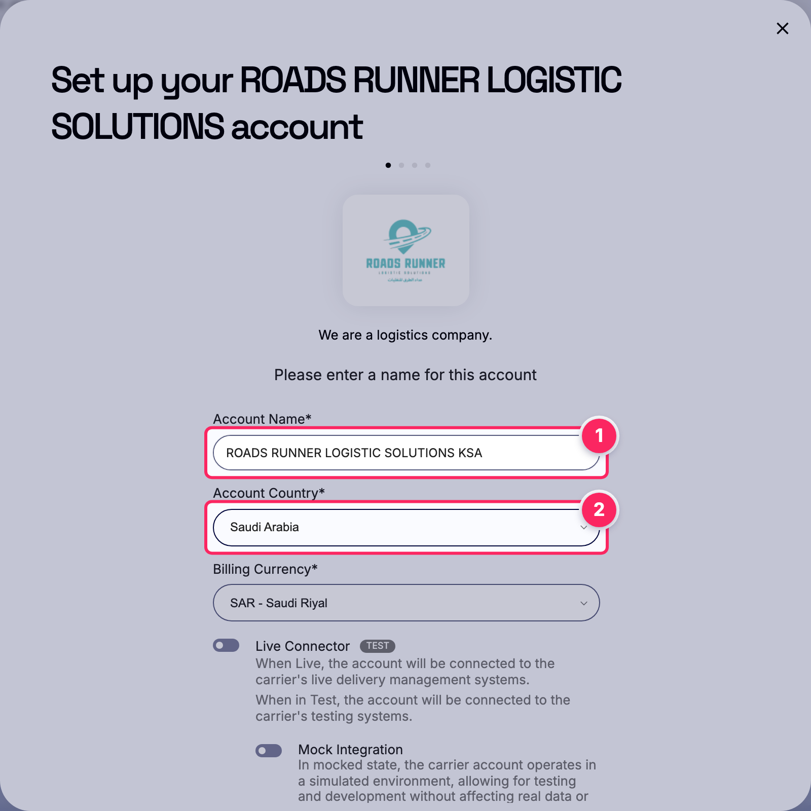 Fill in the account name and country.