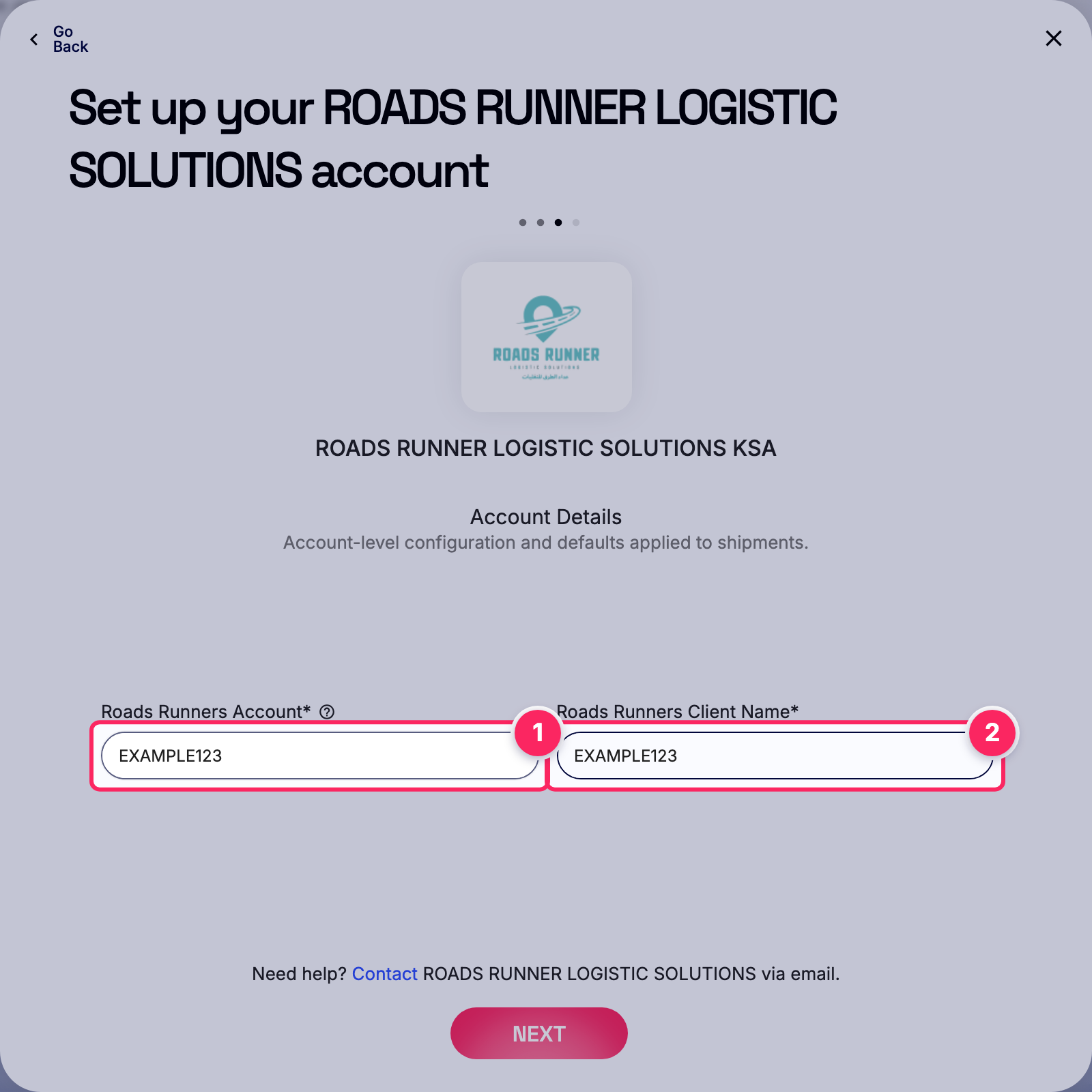 Fill in the ROADS RUNNER LOGISTIC SOLUTIONS account details.