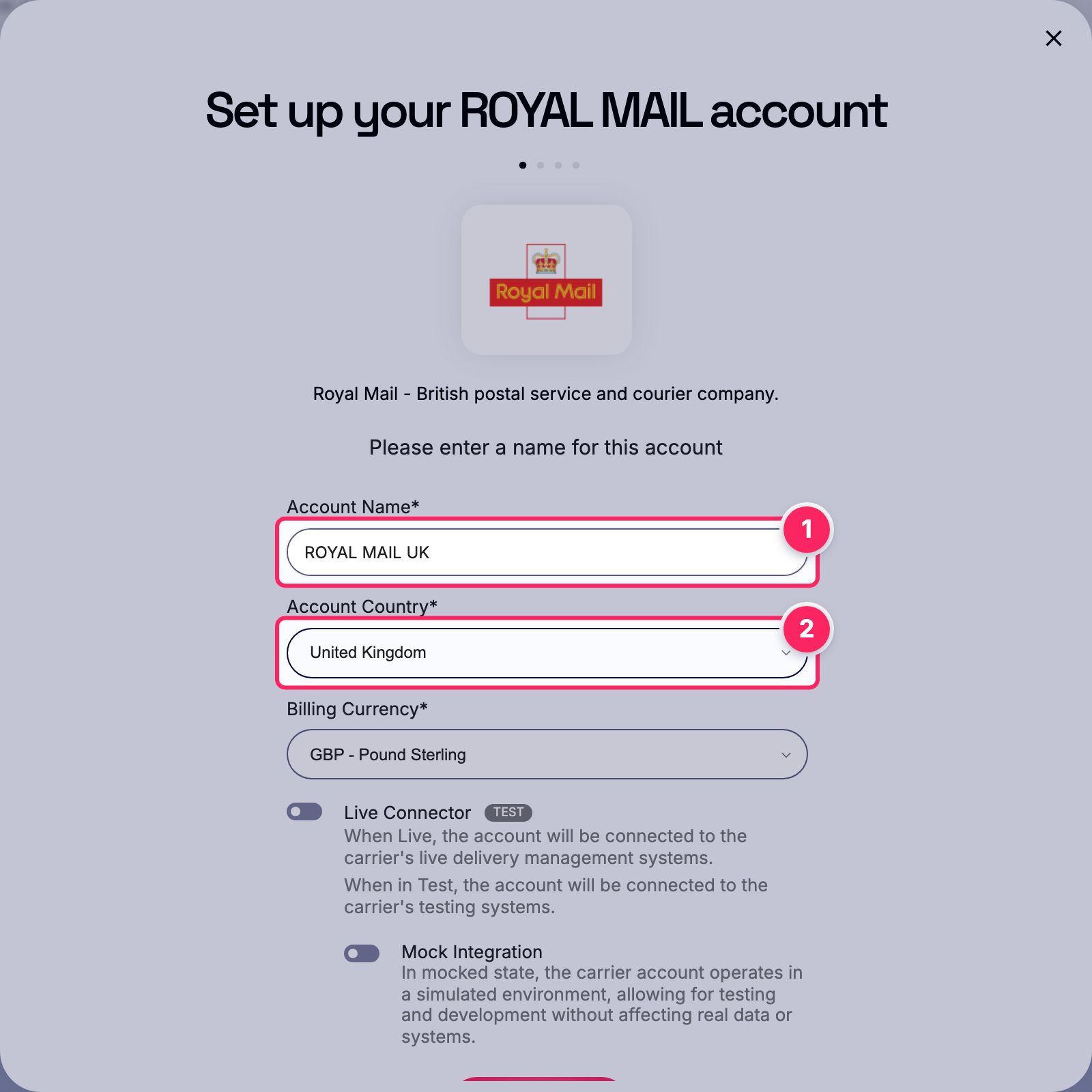 Fill in the account name and country.