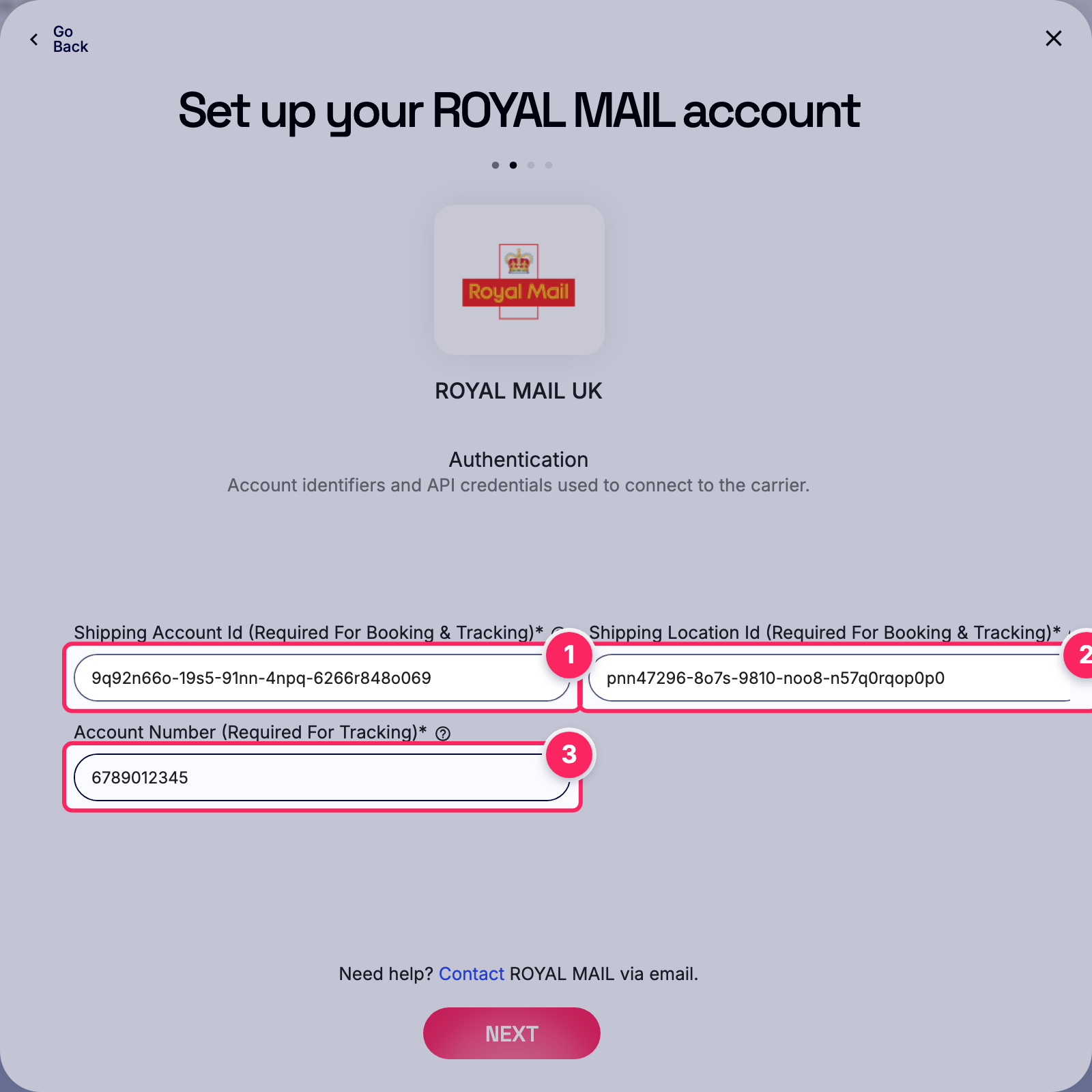 Fill in the ROYAL MAIL account details.