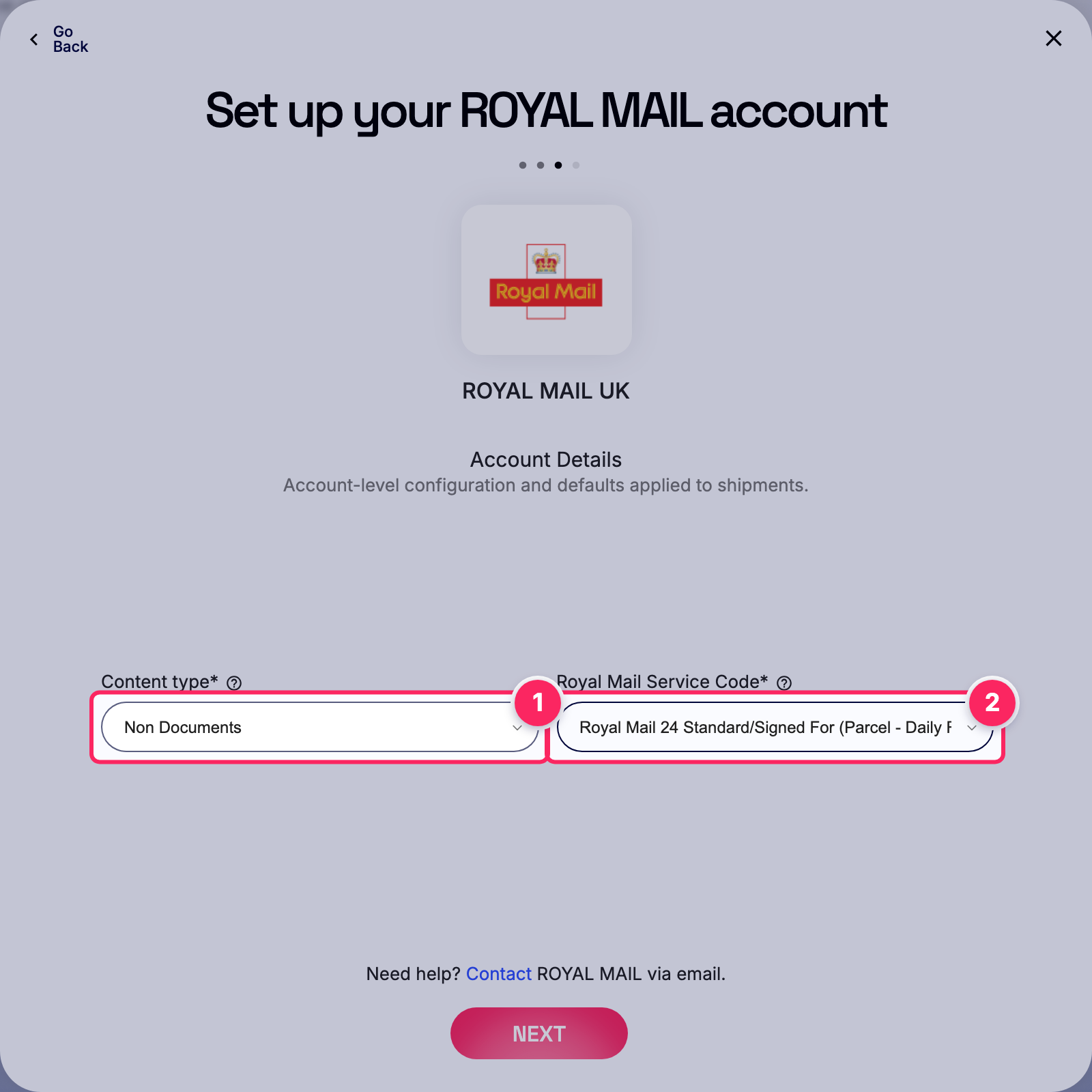 Fill in the ROYAL MAIL account details.