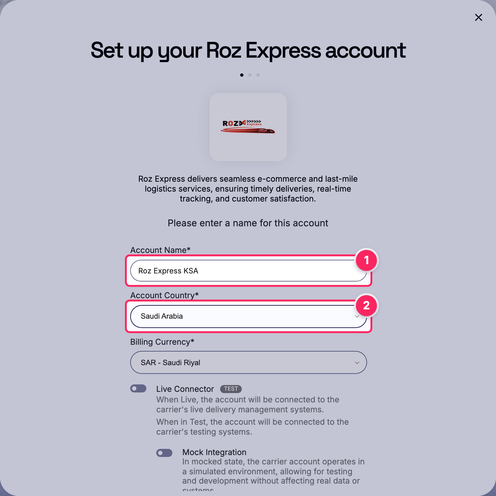 Fill in the account name and country.