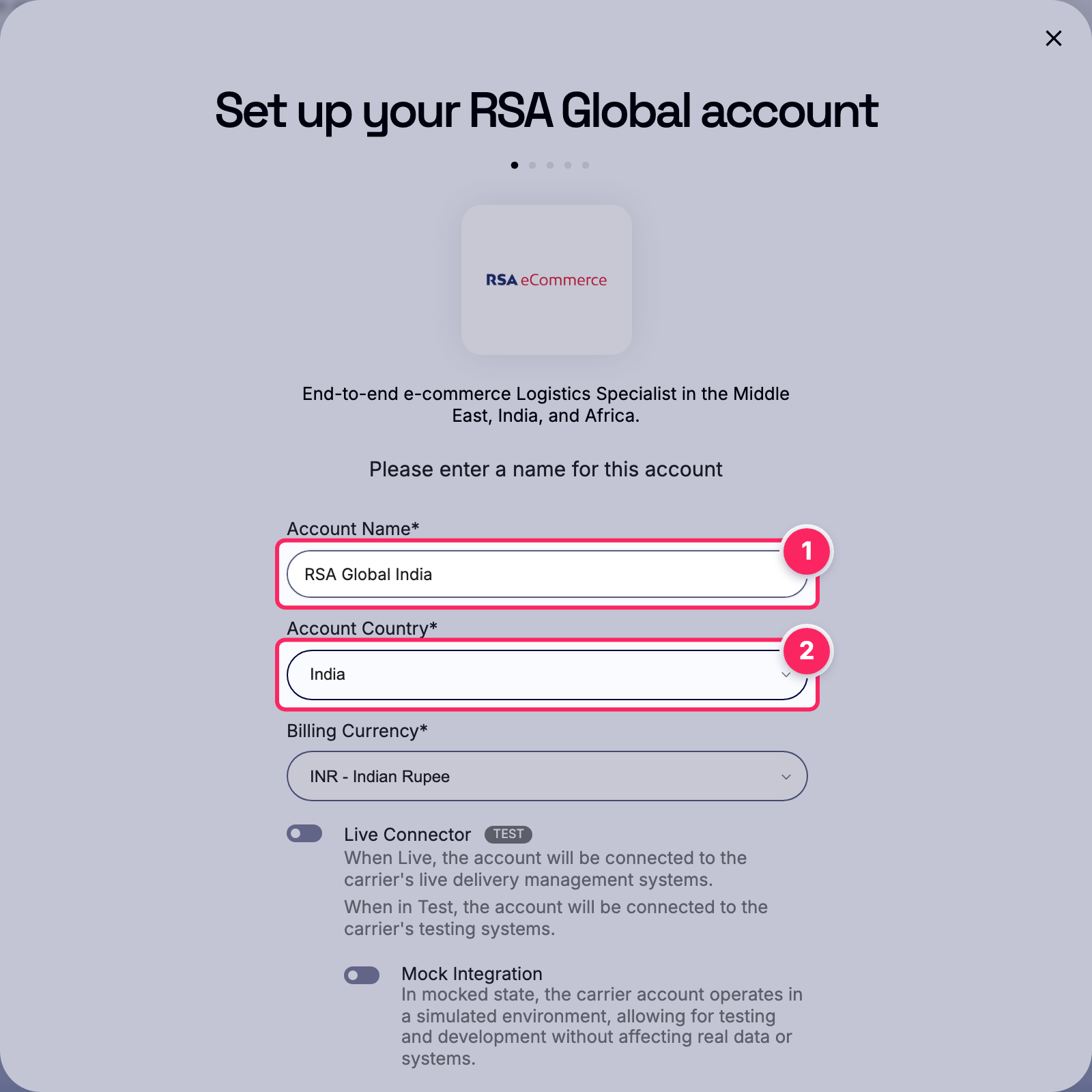 Fill in the account name and country.