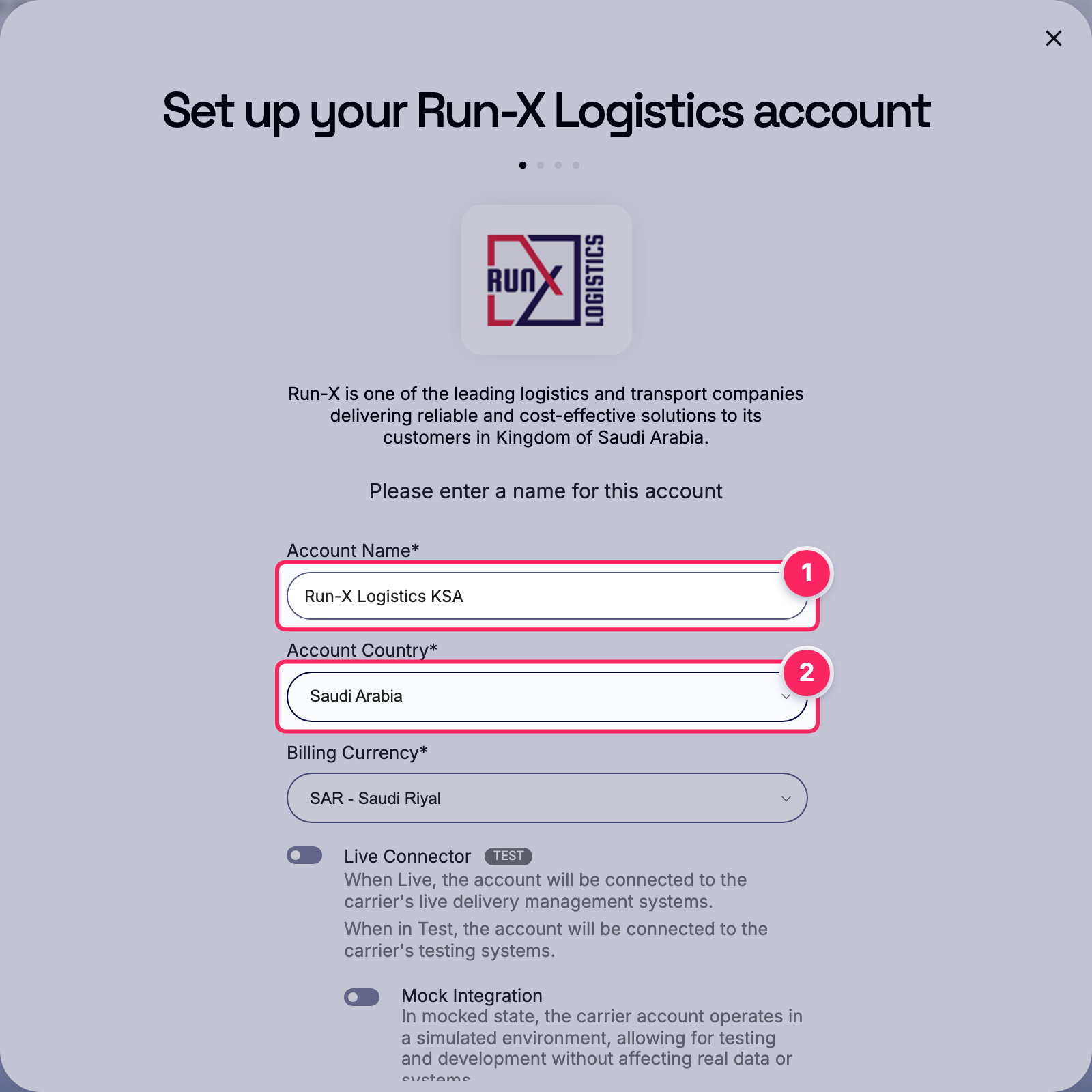 Fill in the account name and country.
