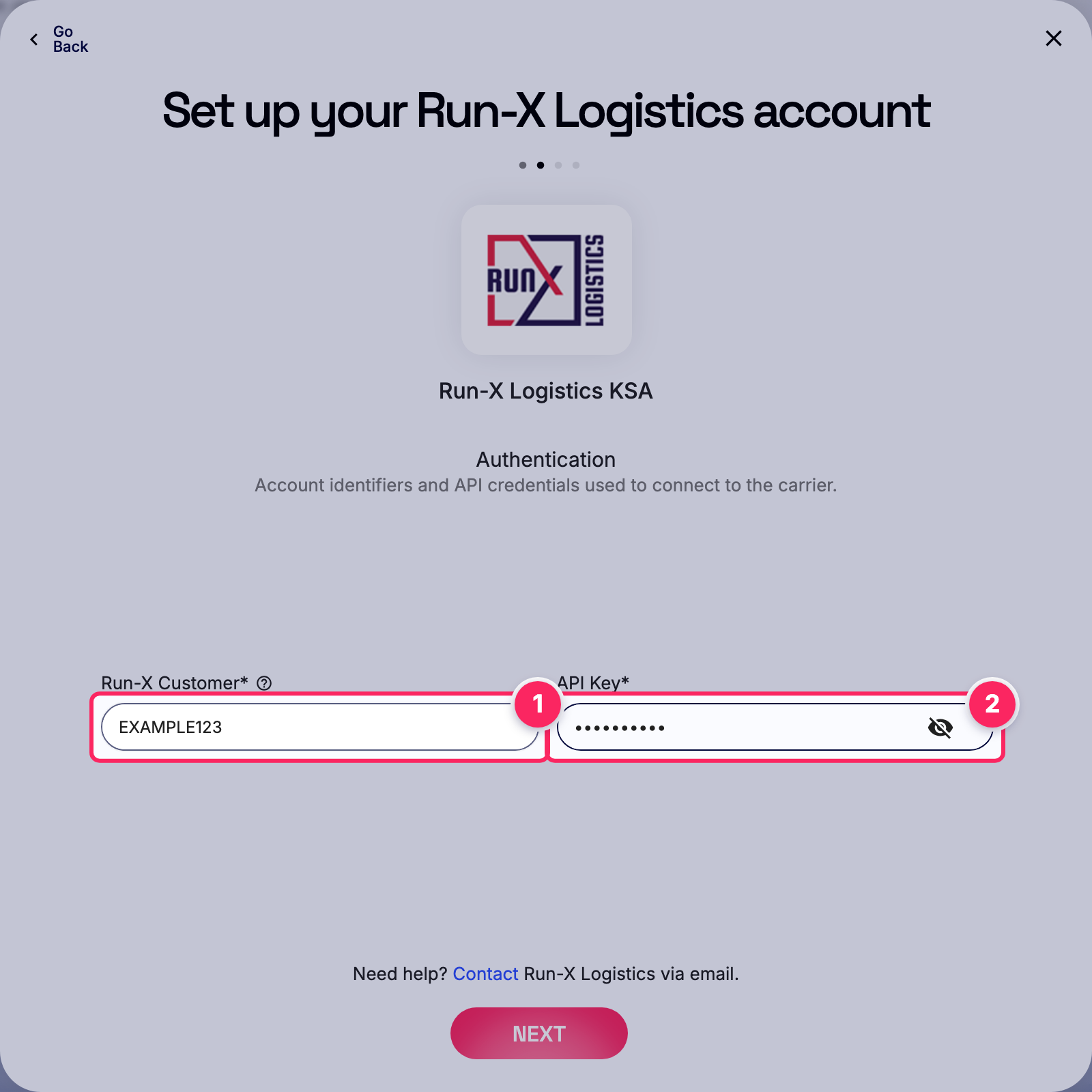 Fill in the Run-X Logistics account details.