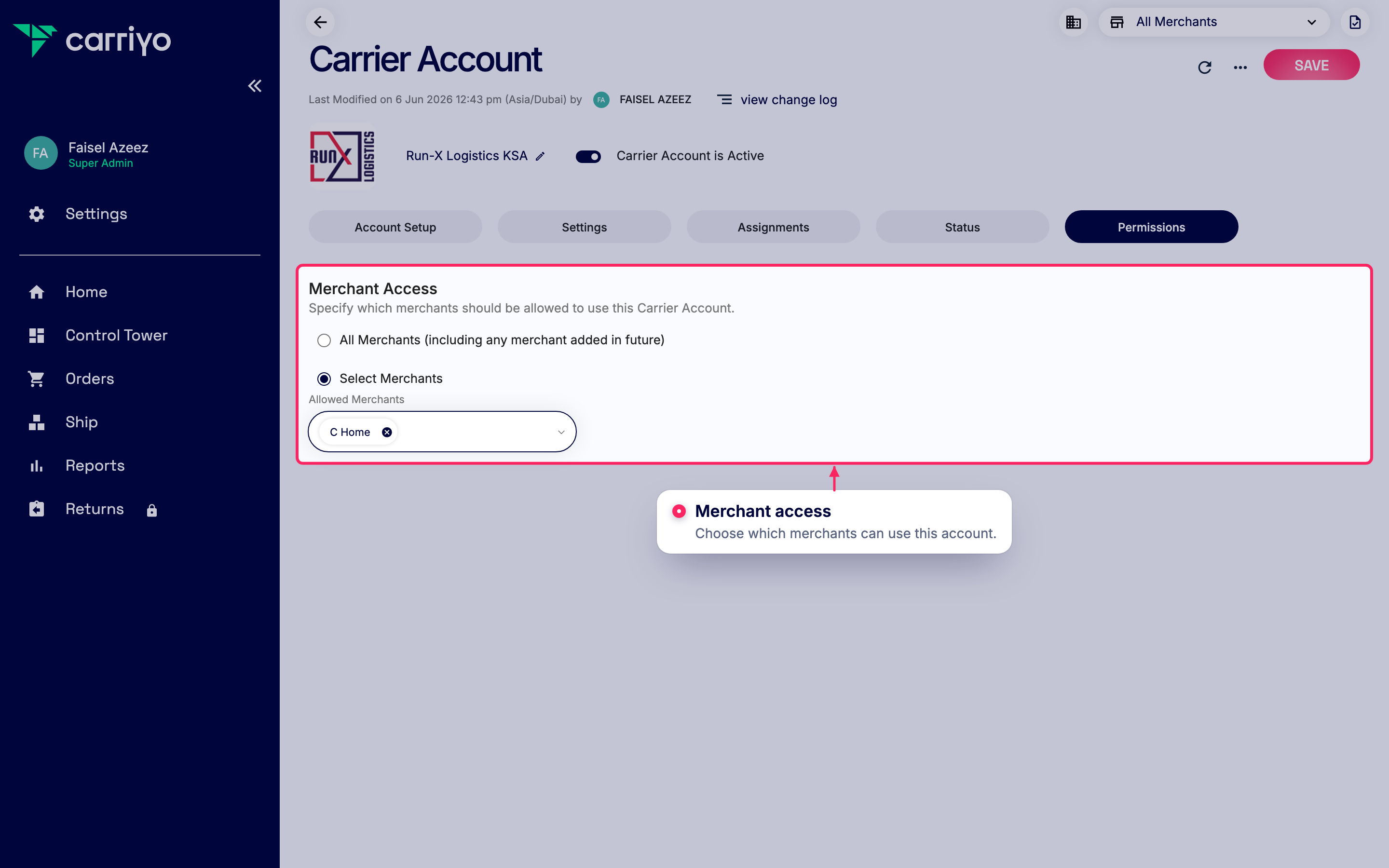 Add merchants to this carrier account
