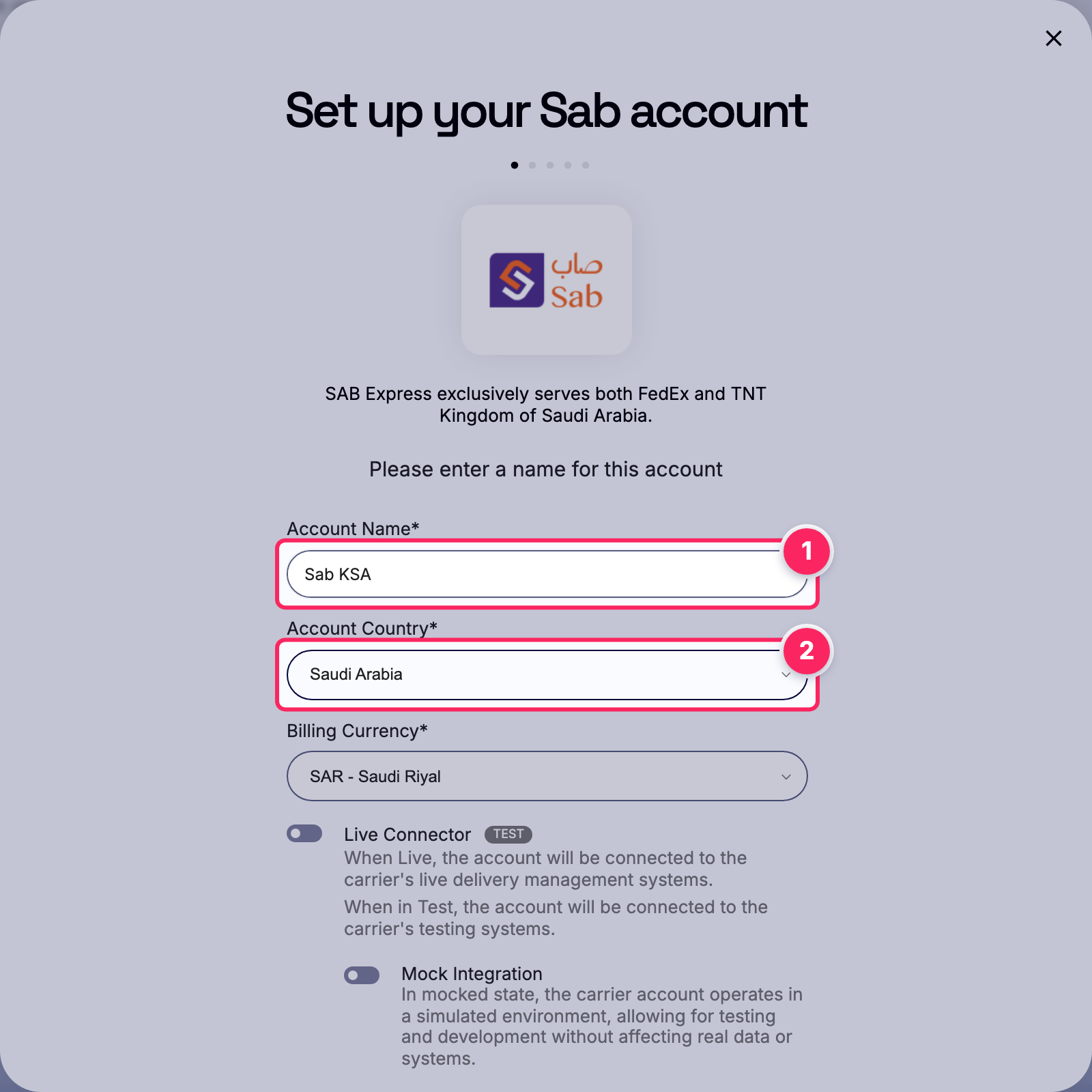 Fill in the account name and country.