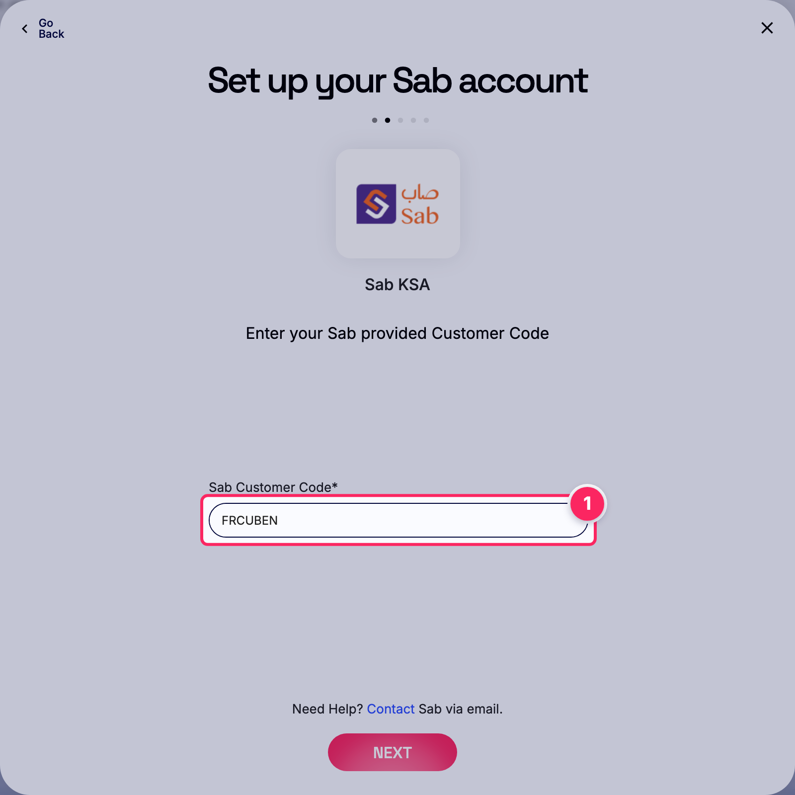 Enter sab customer code.
