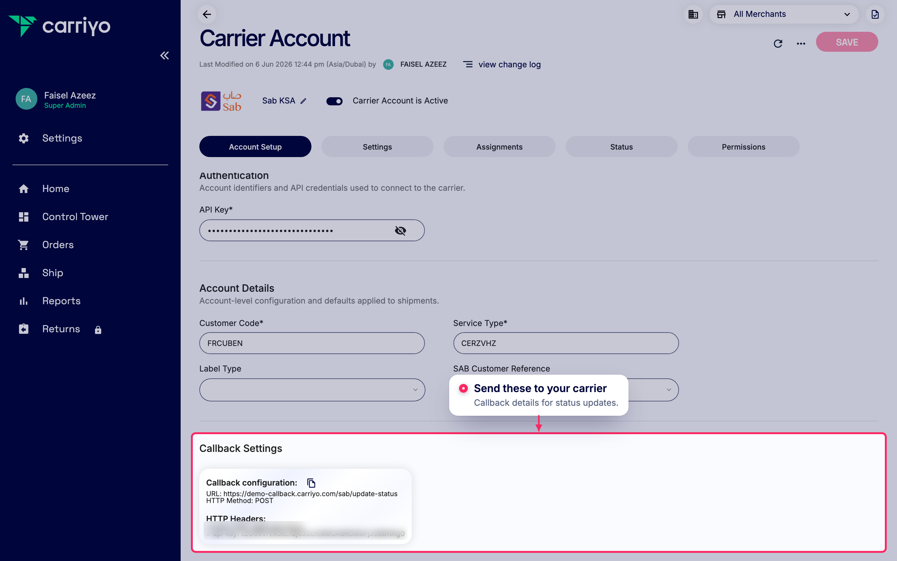 Share callback settings with your carrier