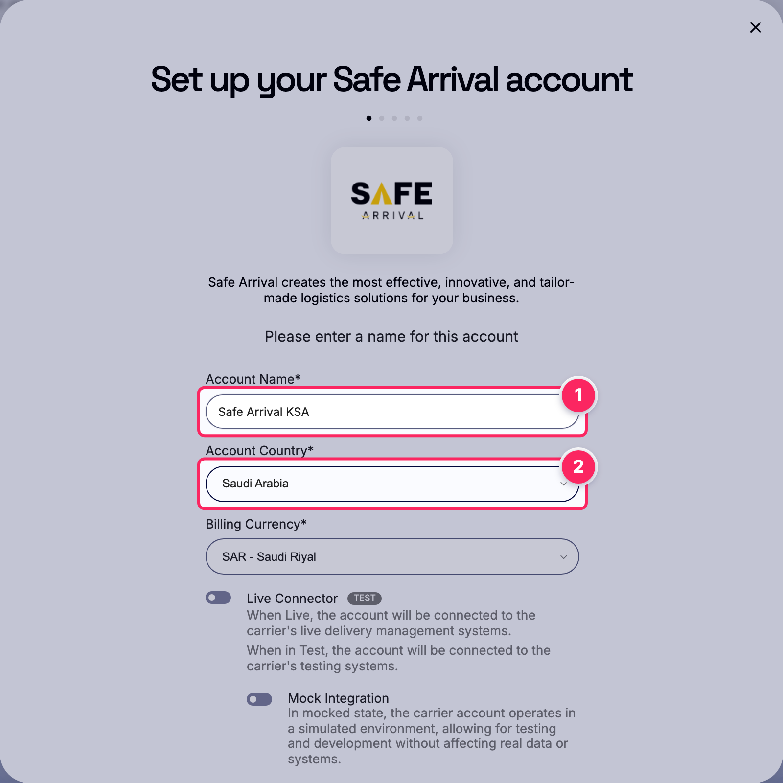 Fill in the account name and country.