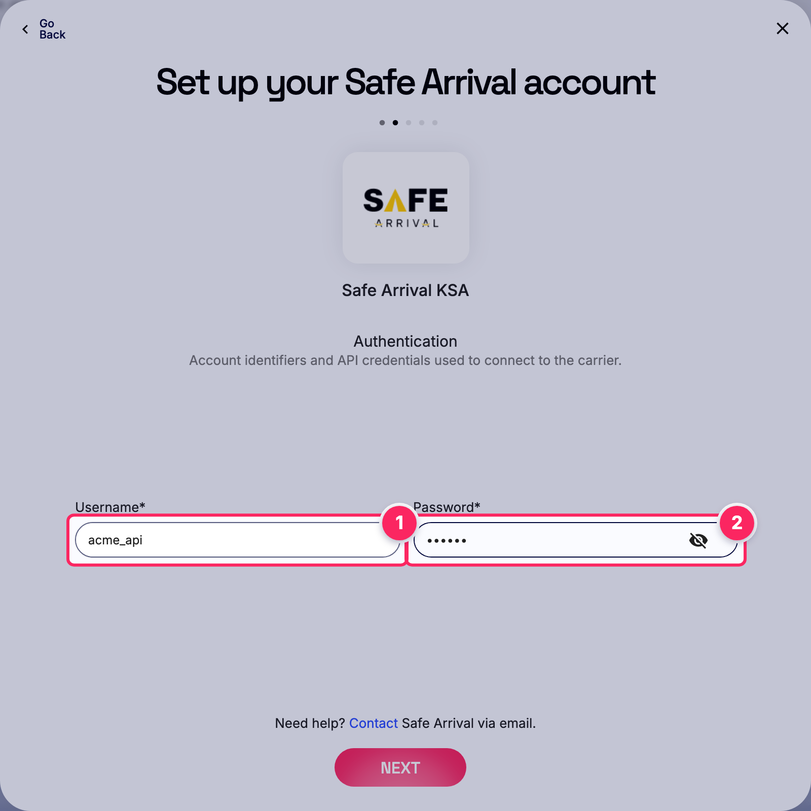 Fill in the Safe Arrival account details.