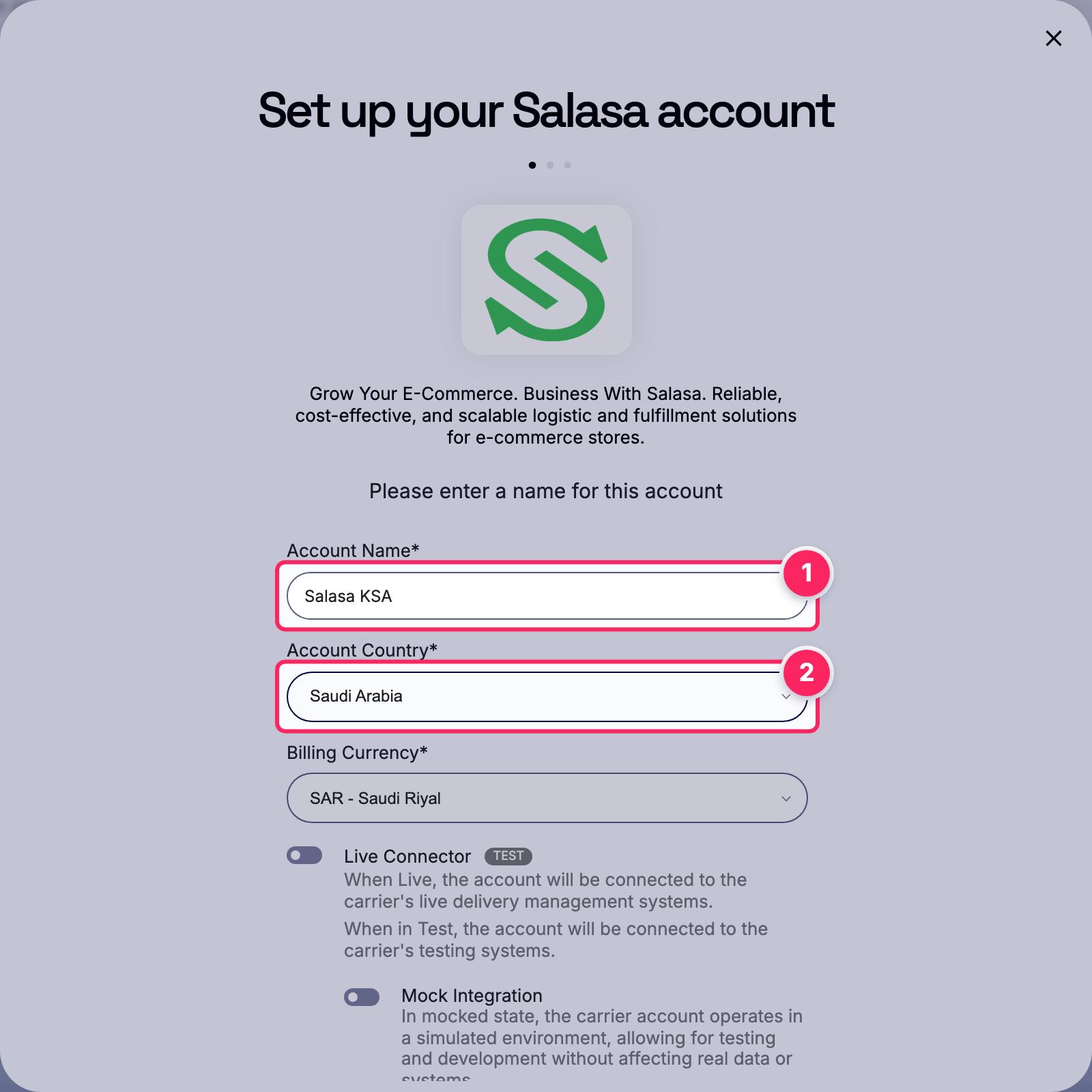 Fill in the account name and country.